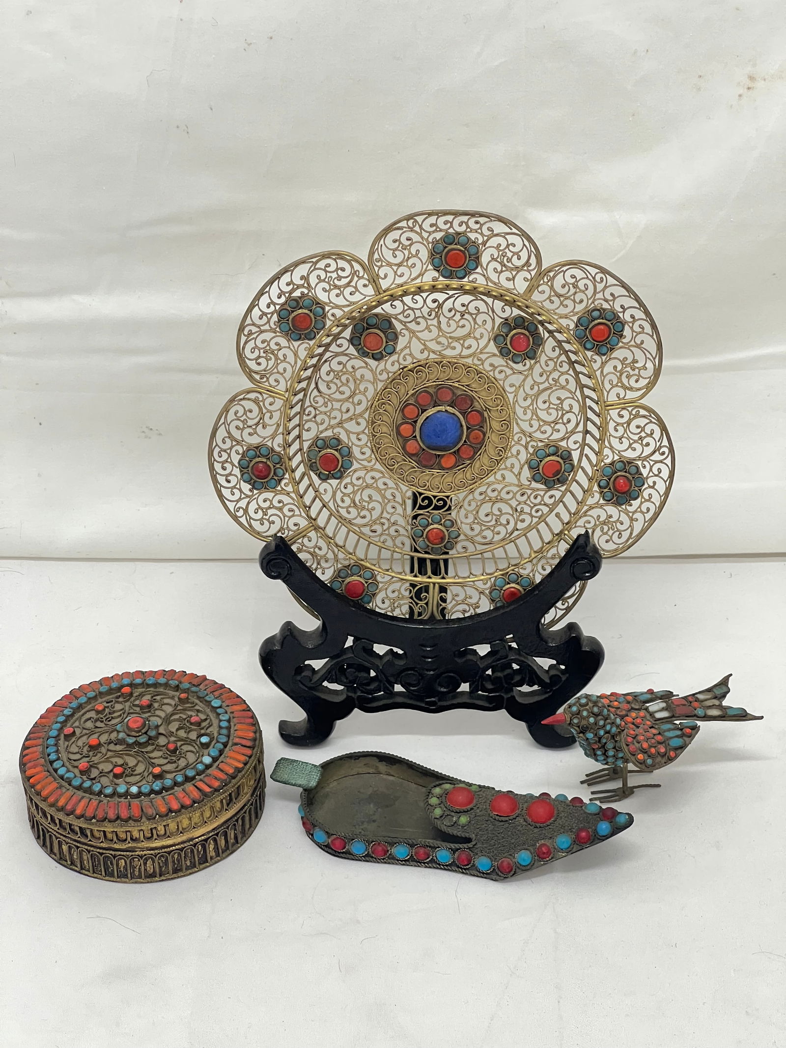 Vintage Tibetan Brass Coral Turquoise Bird,Box,Plate - Tibetan Ghau Box, Bird, Aladdin Shoe Ashtray, (1 of 7)