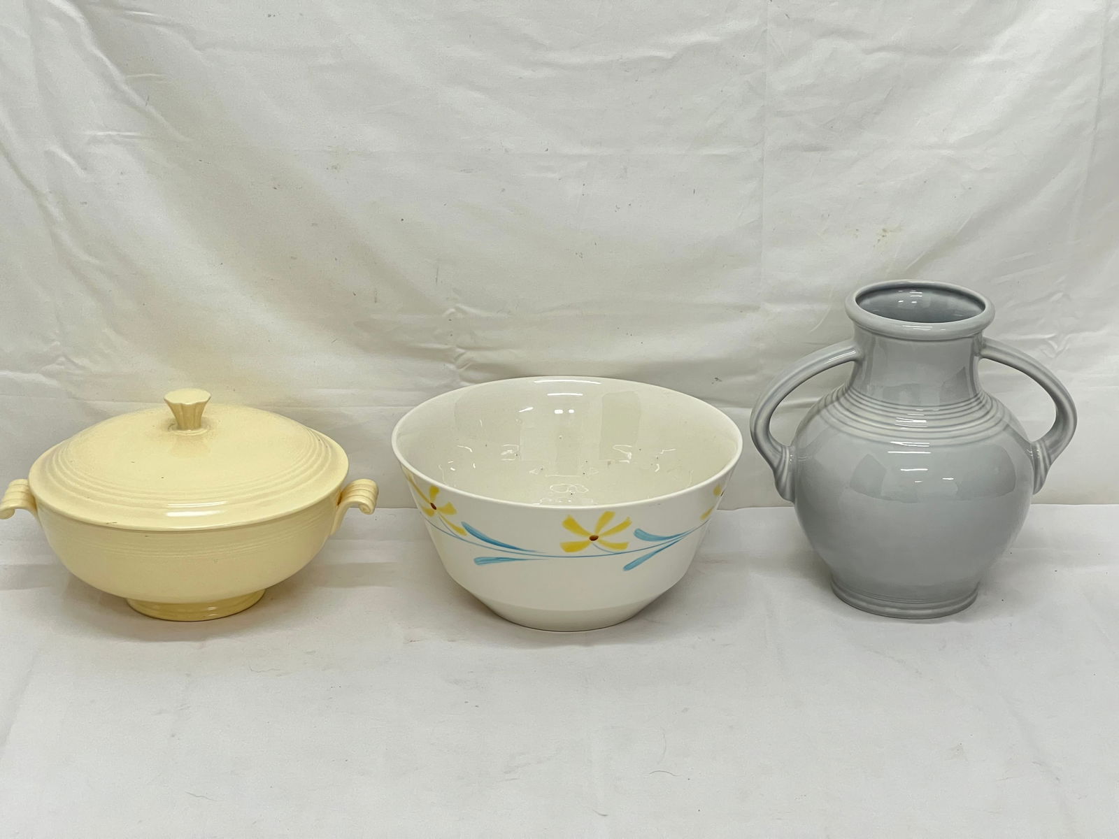 Vtg Fiesta Pottery Casserole, Millennium Vase,Bowl - Fiesta Millennium Handled Grey Vase with Cream: Vtg Fiesta Pottery Casserole, Millennium Vase,Bowl - Fiesta Millennium Handled Grey Vase with Cream Off White Lidded Casserole, UnMarked Bowl