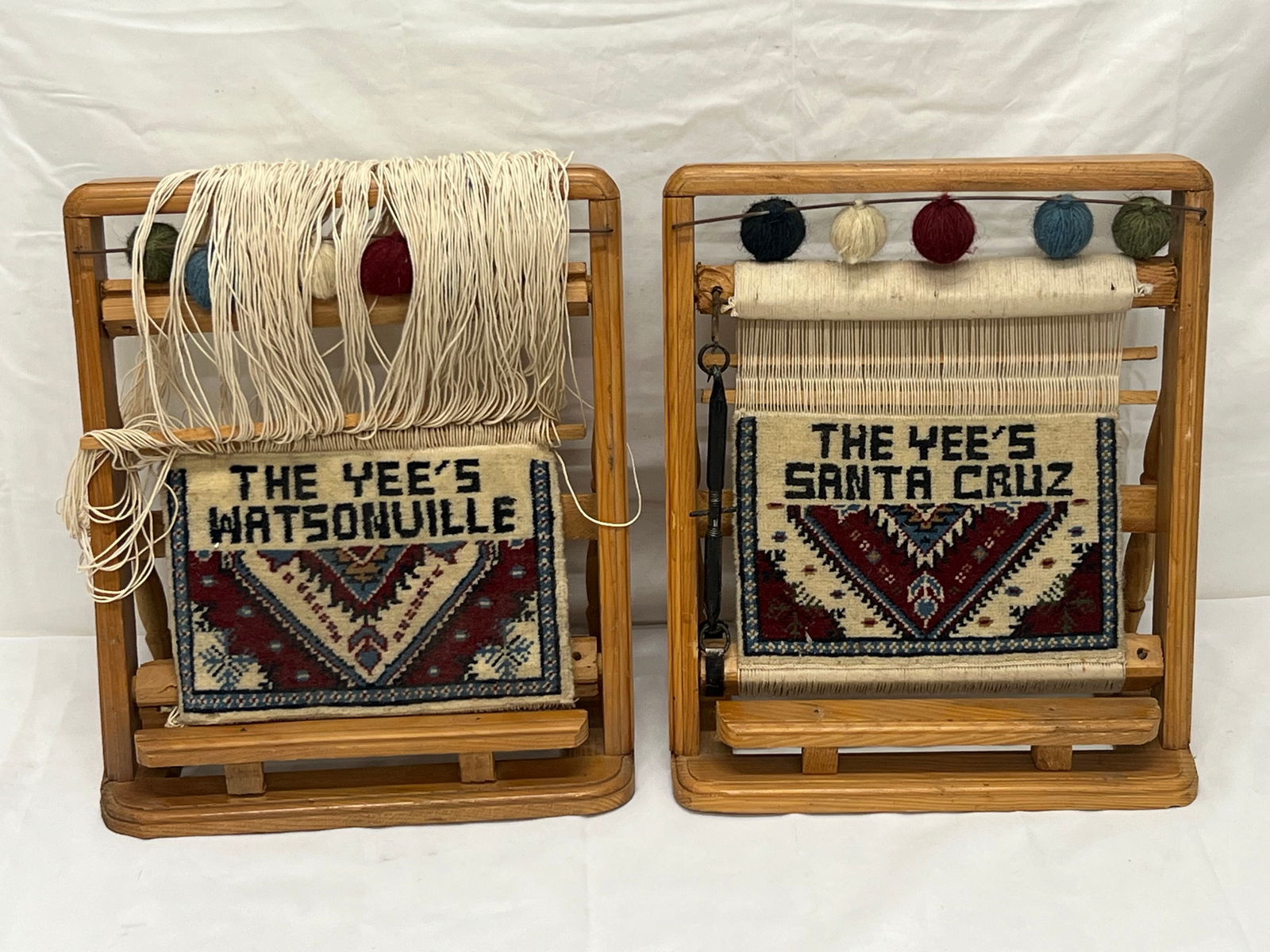 (2)Persian Looms with Weavings, Santa Cruz + Watsonville - Table Top Wood Framed Weaving Looms 12'': (2)Persian Looms with Weavings, Santa Cruz + Watsonville - Table Top Wood Framed Weaving Looms 12'' x 7'' x 13.5''