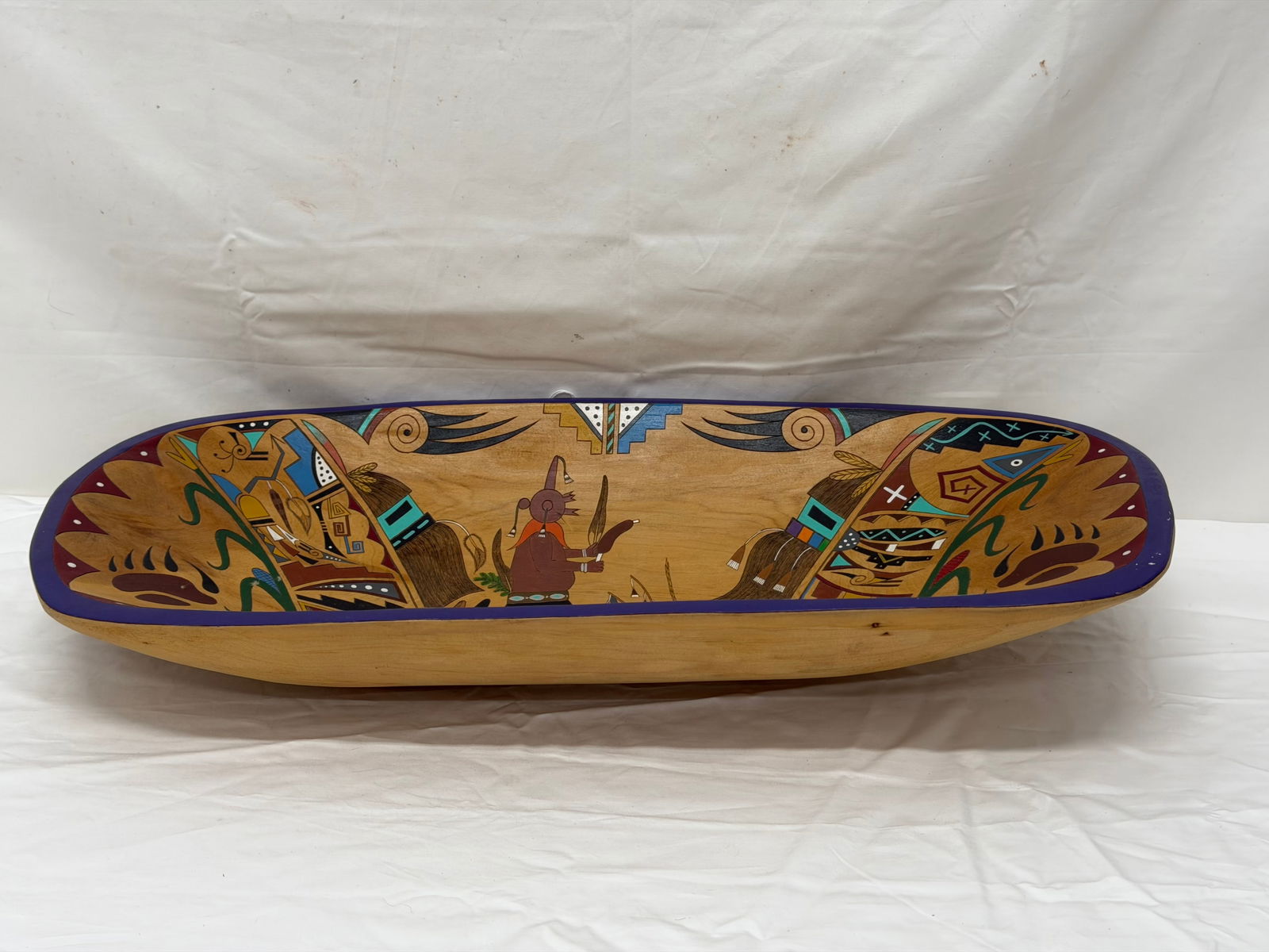 Signed Hopi Ernest Selina Wooden Handcarved Painted Bowl - 21" x 10" x 3.5" (1 of 3)