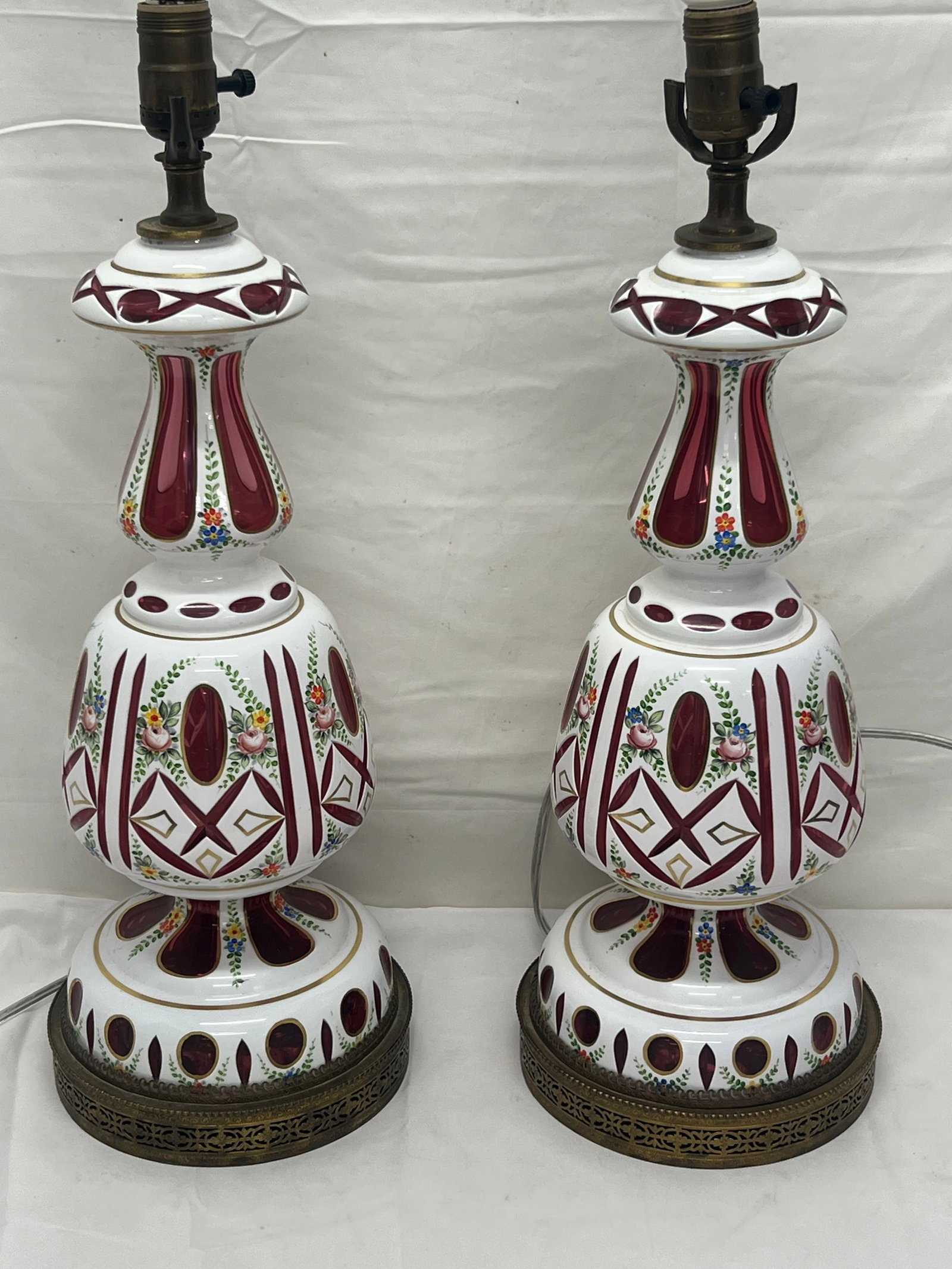 Pr Bohemian White Cut to Cranberry Table Lamps - 18'' Base Only (1 of 4)