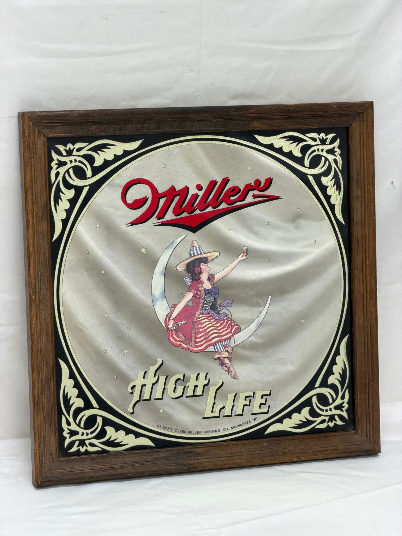 1980 Miller High Life Mirror Bar Sign 14" x 14" - 'Girl on the Moon': 1980 Miller High Life Mirror Bar Sign 14" x 14" - 'Girl on the Moon'