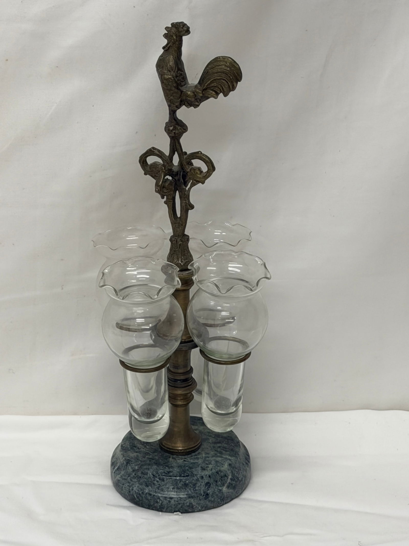 Vintage Petite Choses Propagation Station / Bud Vase with Rooster: Marble Base with 4.5"T Glass Inserts & Rooster Fenial , Overall 12"T