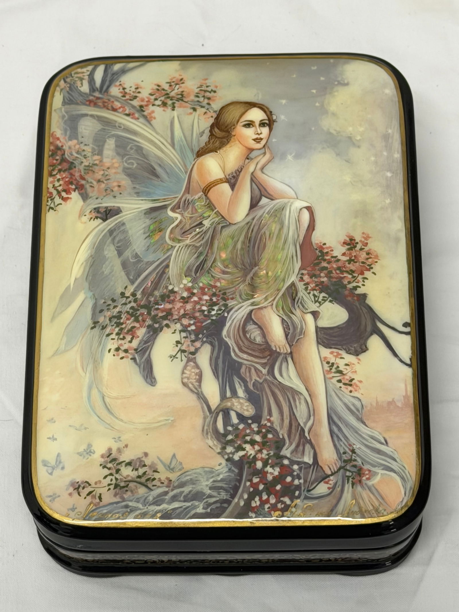 Fedoskino "Forest Fairy" Handpainted Russian Lacquer Box Mother of Pearl Inlay (1 of 6)
