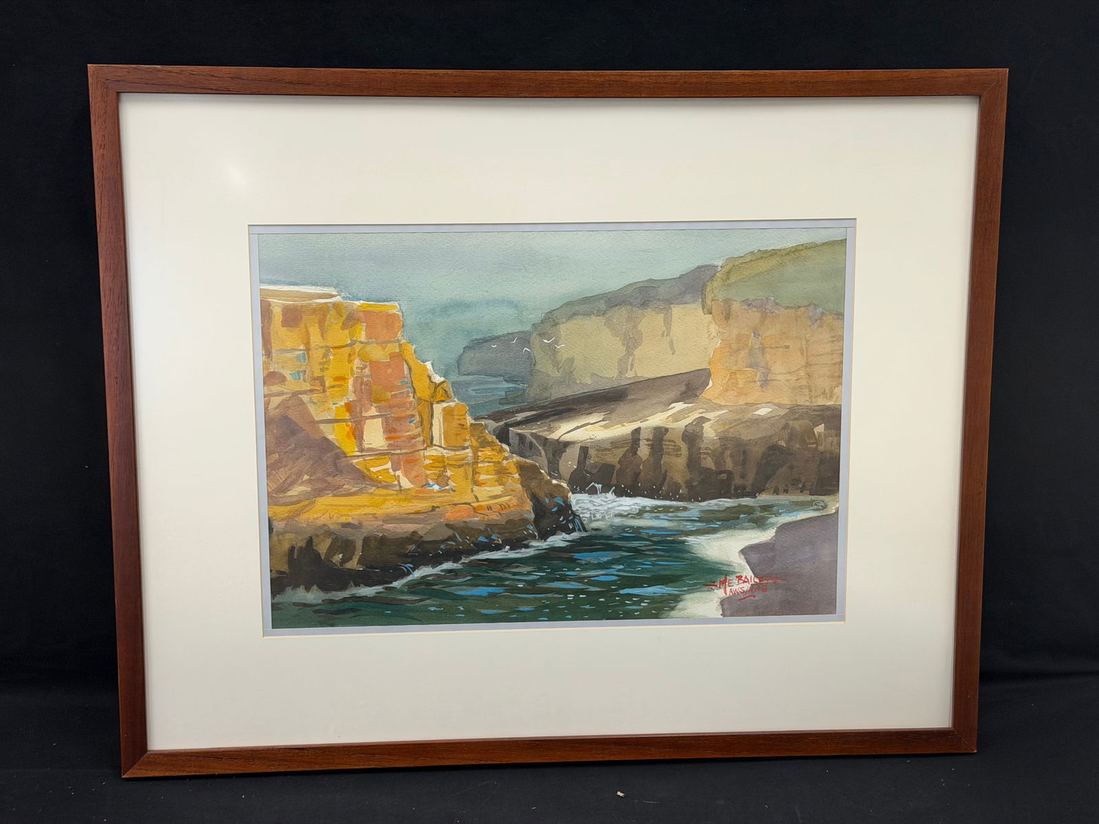 Michael Bailey(1943-2025) Original Watercolor of Shark Fin Cove, Signed: CA Artist , Member of The American and National Watercolor Society - Watercolor of Shark Fin or Shark Tooth Cove in Davenport,CA - Signed Bottom Right - Framed 23" x 29.25" , Sight 13" x 19"