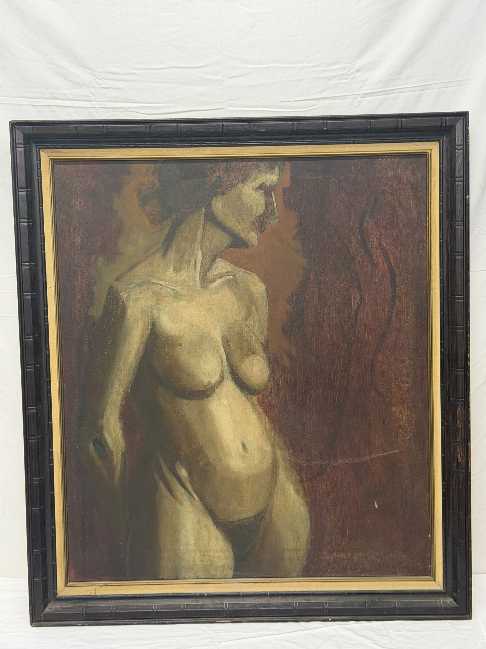 Nude Portrait Oil on Hecho Mexico Grain Sack: Unframed (Not Examined Out of Frame) , Framed 30.5" x 35" , Sight 26" x 30"