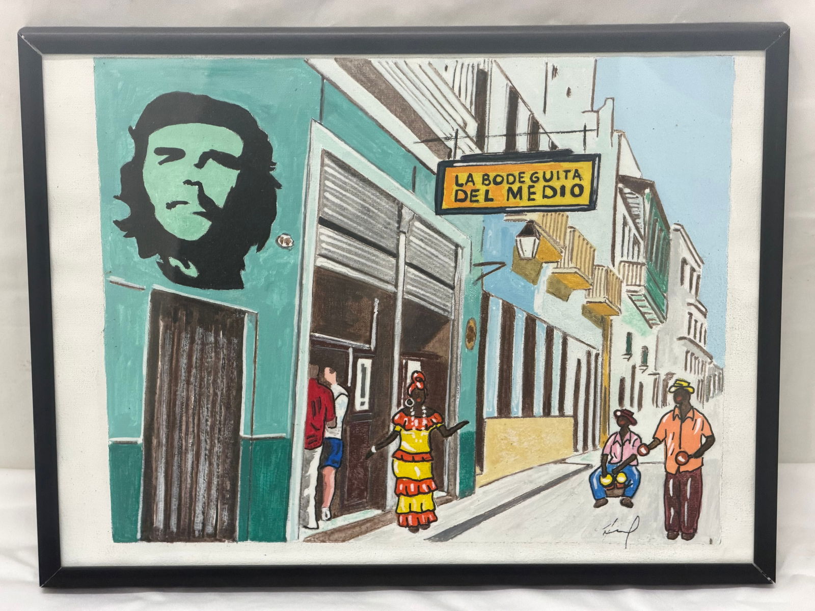 Original Oil of Iconic Cuban Bar, Signed , Framed 9.5" x 12.5": Bar Titled 'La Bodequita Del Mexico' with Che Guevara on the wall