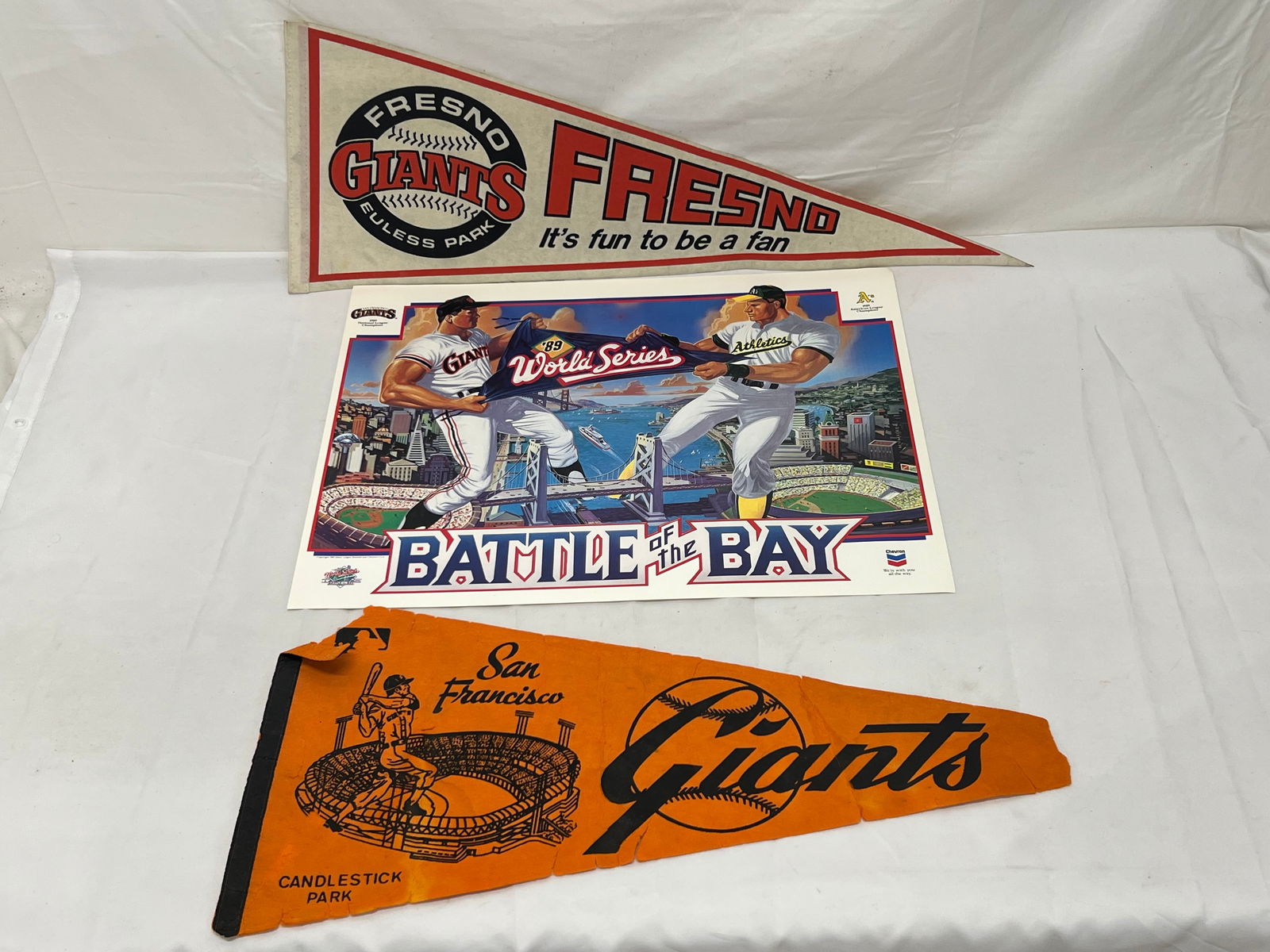 Vtg Giants Candlestick Pennant 1989,Battle Of Bay Poster - 1989 Giants & A's World Series, Candlesti: Vtg Giants Candlestick Pennant 1989,Battle Of Bay Poster - 1989 Giants & A's World Series, Candlestick Giant Pennant (Inspect), Fresno Giants Pennant 29.5
