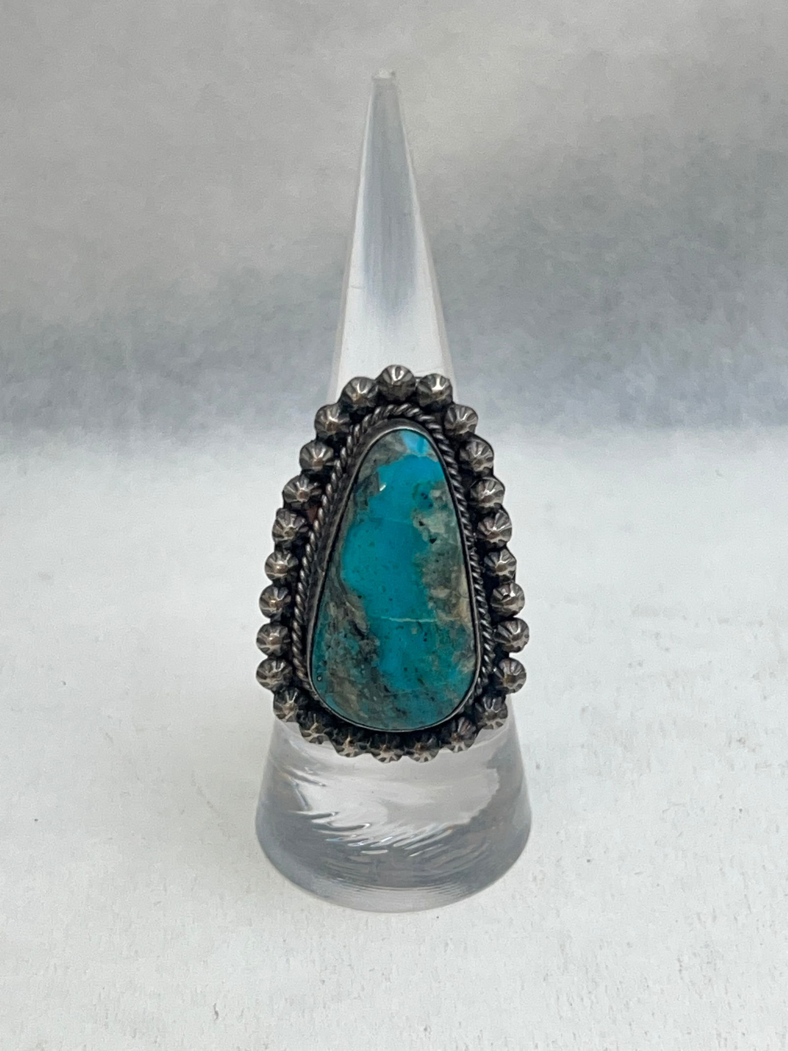 Vintage Navajo Louise Whitegoat Sterling Turquoise Ring - Sz 6.5: Vintage Navajo Louise Whitegoat Sterling Turquoise Ring - Sz 6.5 , Hallmarked w/ Butterfly & White Goat - Sterling w/ Oblong Turquoise over 1''L