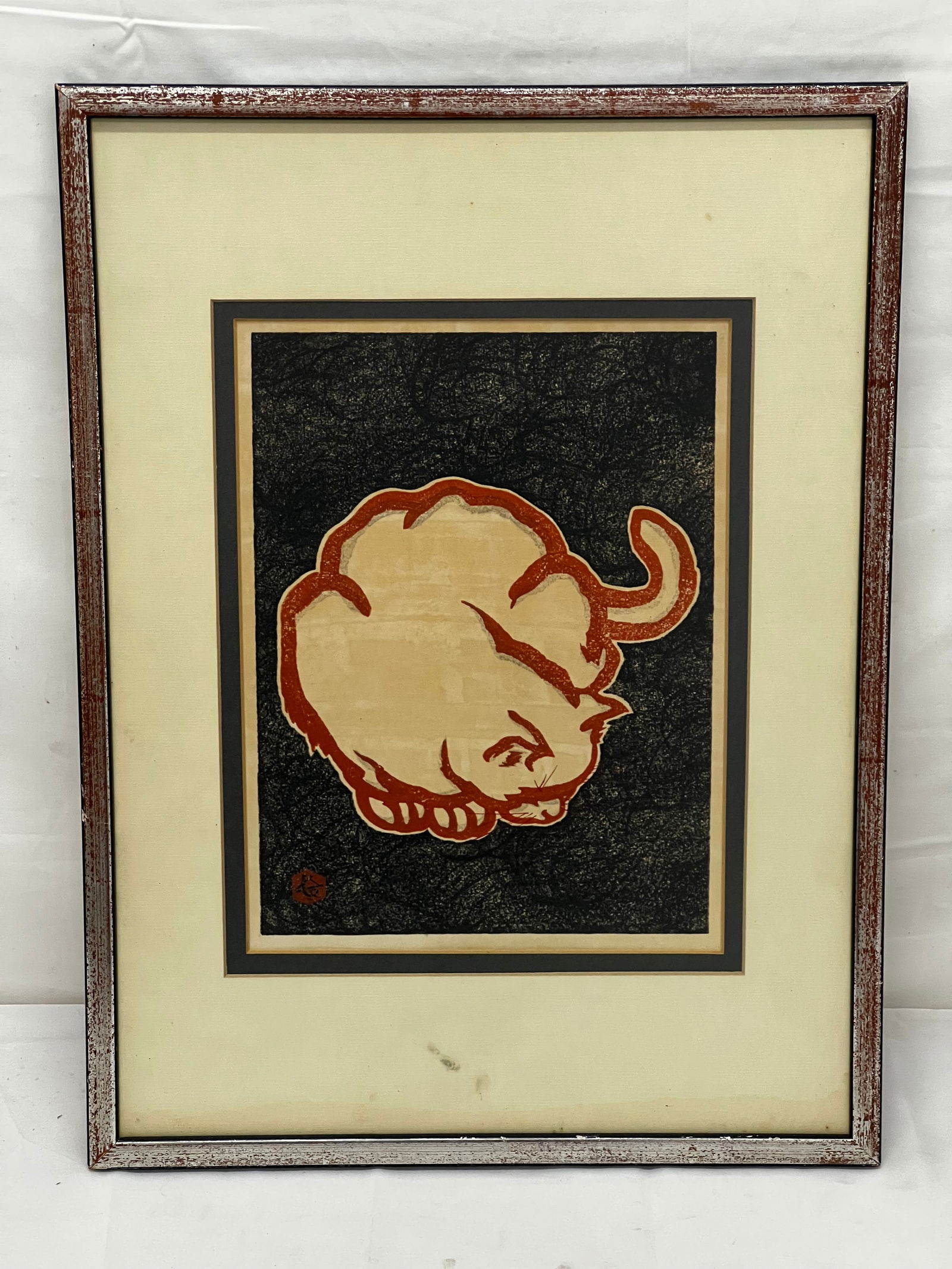 Hasegawa Sandanobu (1914-1999)Red Cat Woodblock - Framed 13.5'' x 18'' , Sight 8'' x 10.5'': Hasegawa Sandanobu (1914-1999)Red Cat Woodblock - Framed 13.5'' x 18'' , Sight 8'' x 10.5''
