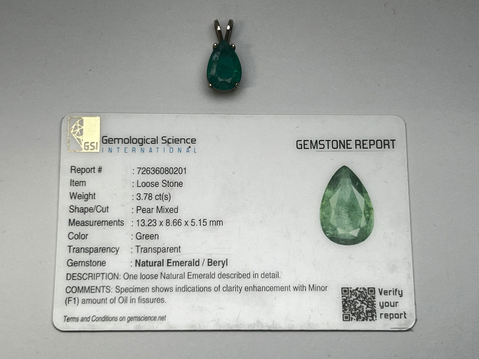 14K Gold 100% Natural Untreated Emerald Pendant,COA - 13.23mm x 8.66mm x 5.15mm (1 of 3)