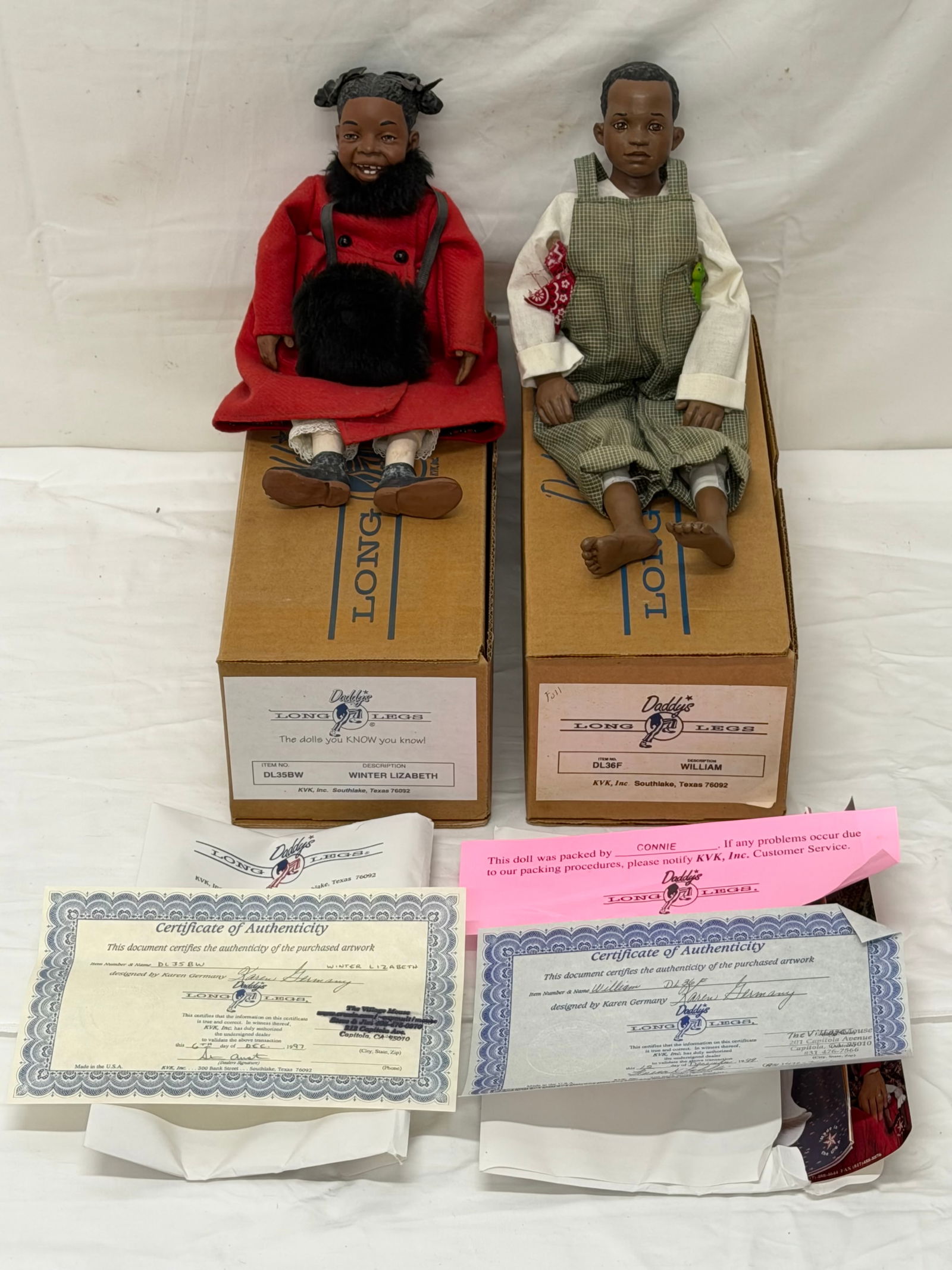 (2)Daddy Long Leg Dolls with COAs, Original Box: Like New with Papers & COAs , Designed by Karen Germany