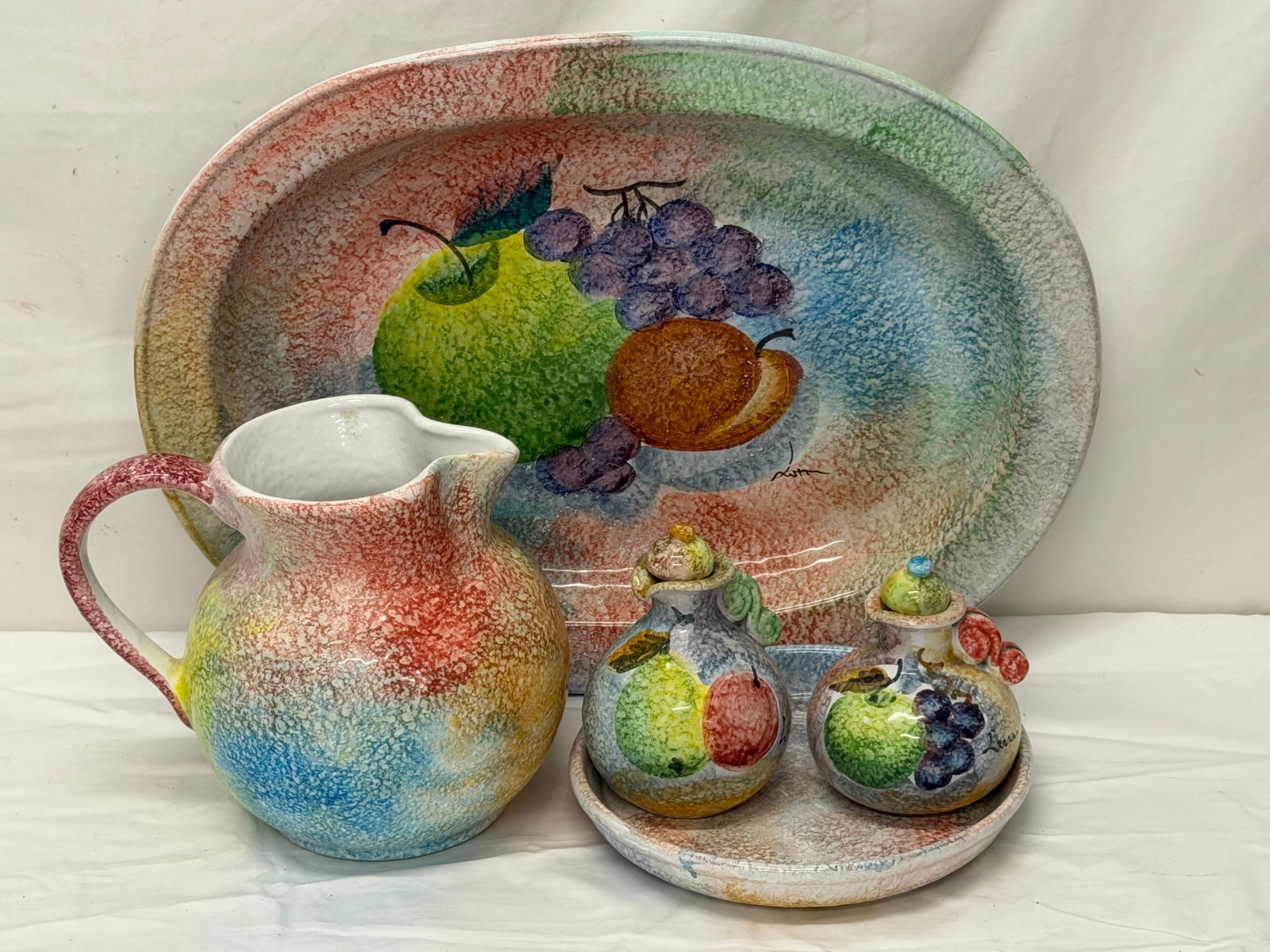 5pcs "The Cellar" Italian Handpainted Platter, Pitcher & More: Platter Bowl 17" x 12.5" x 2", Ball Pitcher, Oil & Vinegar & Dish in Grape Pattern