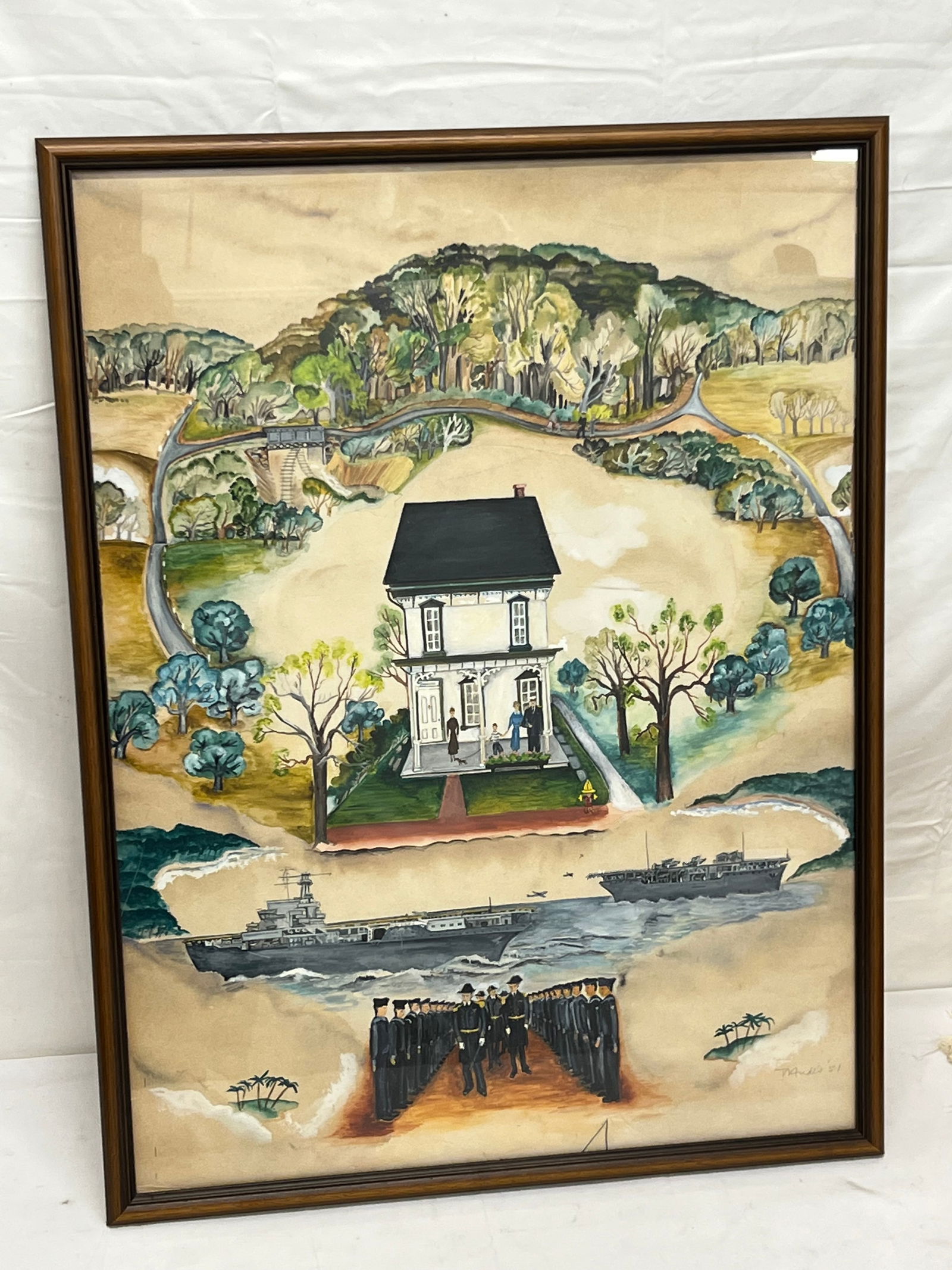 1951 Folk Art Watercolor Mural Art, Signed, Framed 19" x 25": 1951 Folk Art Watercolor Mural Art, Signed, Framed 19" x 25"