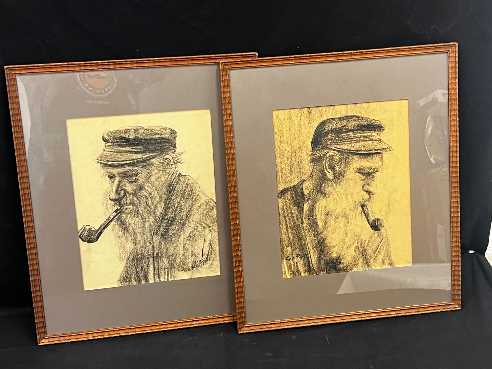 Pr Antique Amsterdam Dutch Charcoal Portraits, Signed - Signed ''H.Gonkel Jr & Zoon Vergulders: Pr Antique Amsterdam Dutch Charcoal Portraits, Signed - Signed ''H.Gonkel Jr & Zoon Vergulders , 1884 Amsterdam Labels - Framed 18'' x 21''