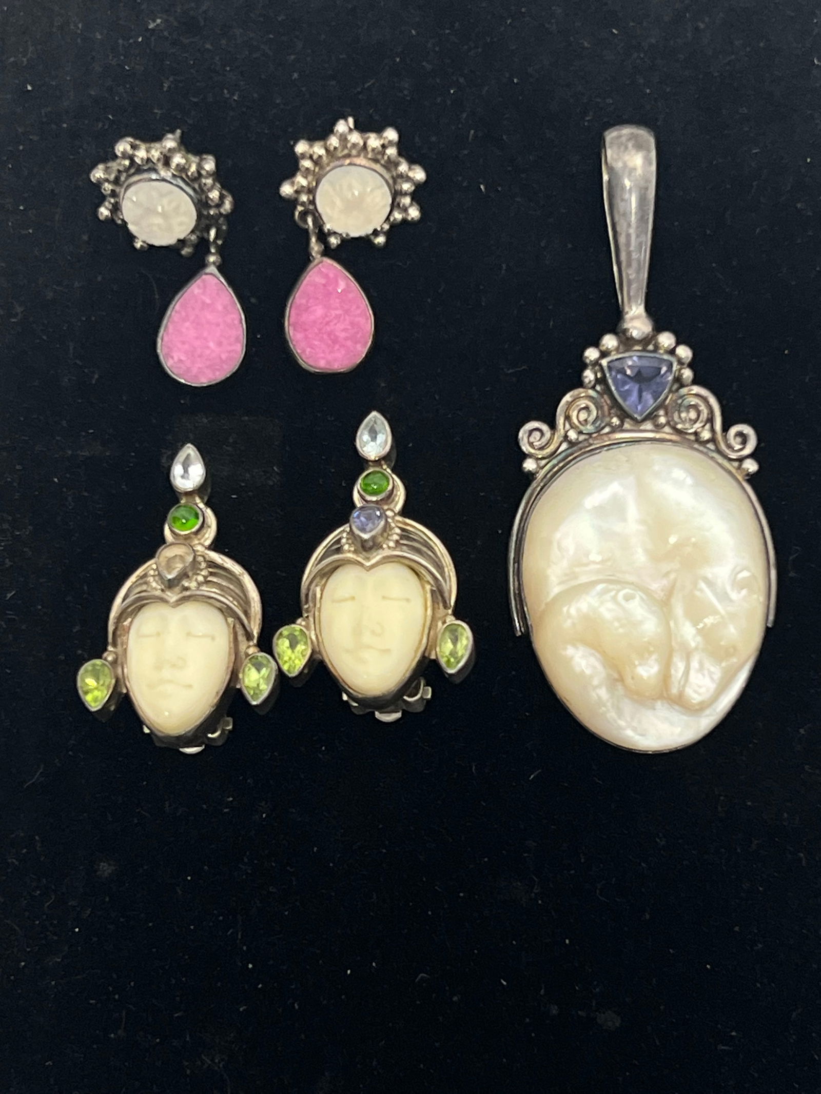 Sterling Silver Jewelry- Sajen MOP Carved Pendant,Earrings -: Sterling Silver Jewelry- Sajen MOP Carved Pendant,Earrings - Carved Mother of Pearl Pendant by Sajen, White Coral Carved Earrings with Peridot & Pink Duzzy & Moonstone Earrings
