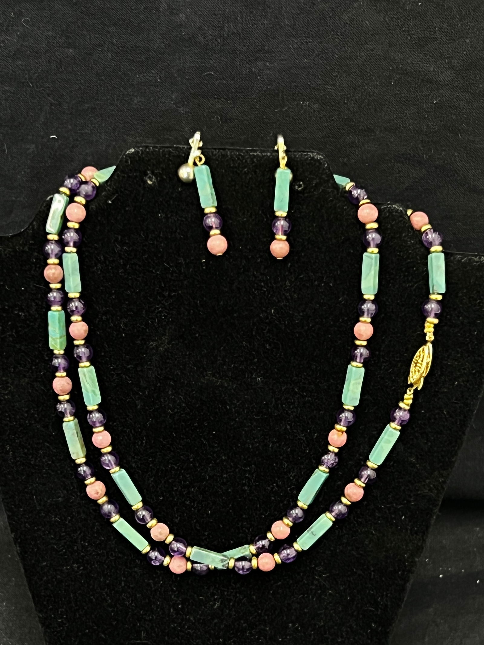 Vintage Amethyst & Stone Necklace Earring Set 30''L: Vintage Amethyst & Stone Necklace Earring Set 30''L