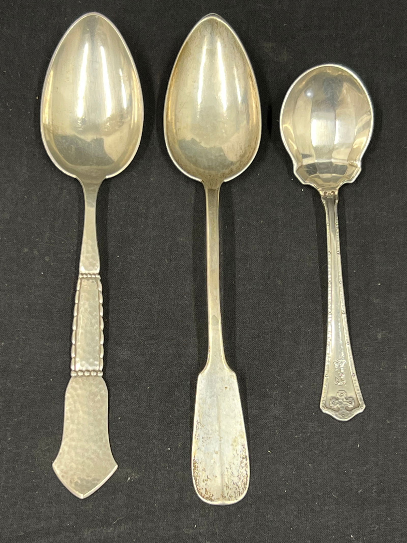 (3)Silver Spoons- .925 Sterling, .830 + .800 Silver -: (3)Silver Spoons- .925 Sterling, .830 + .800 Silver - (1)Wallace sterling 925 Sugar Carmel Pattern 31.98g, Danish Arts & Crafts Serving Spoon 40.2g , .800 Silver Spoon 33.63g
