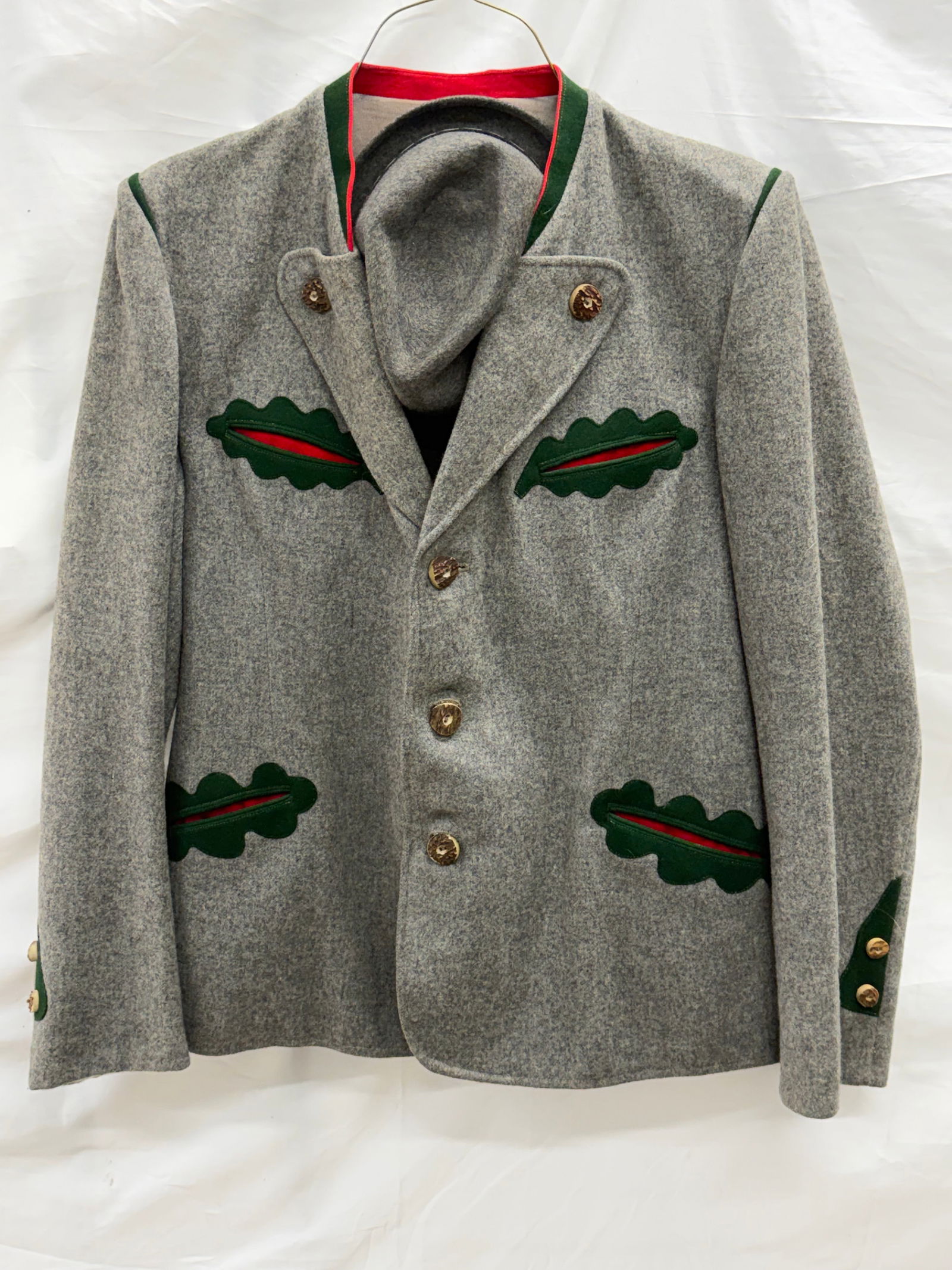 Vintage Germany Oktoberfest Hunters Wool Jacket & Hat: Jacket with Antler Buttons, (4)Outside Pockets, (1)Inside Pocket, Sz 48 - German Fedora Oktoberfest Hat