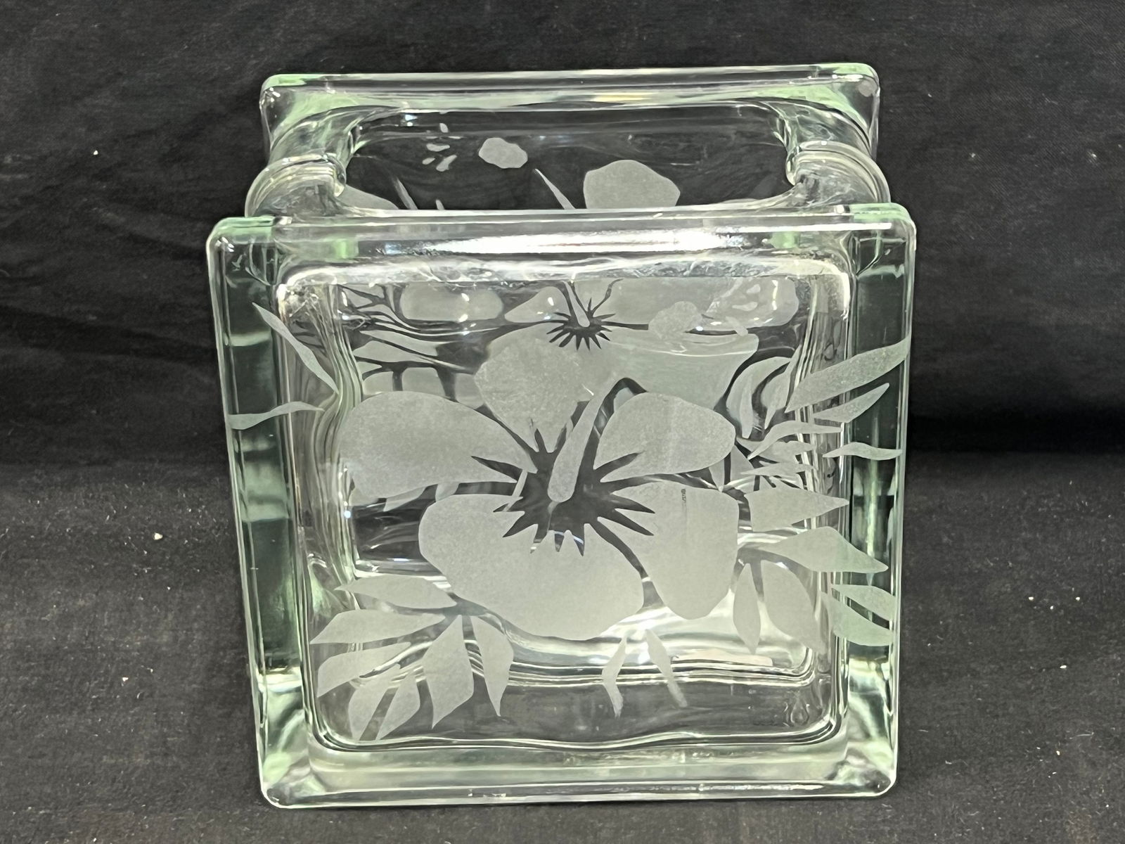 Frank Oda Hibiscus Etched Glass Block Vase 5.75'' x 3.75'' x 6'' - Hawaiian Artist: Frank Oda Hibiscus Etched Glass Block Vase 5.75'' x 3.75'' x 6'' - Hawaiian Artist