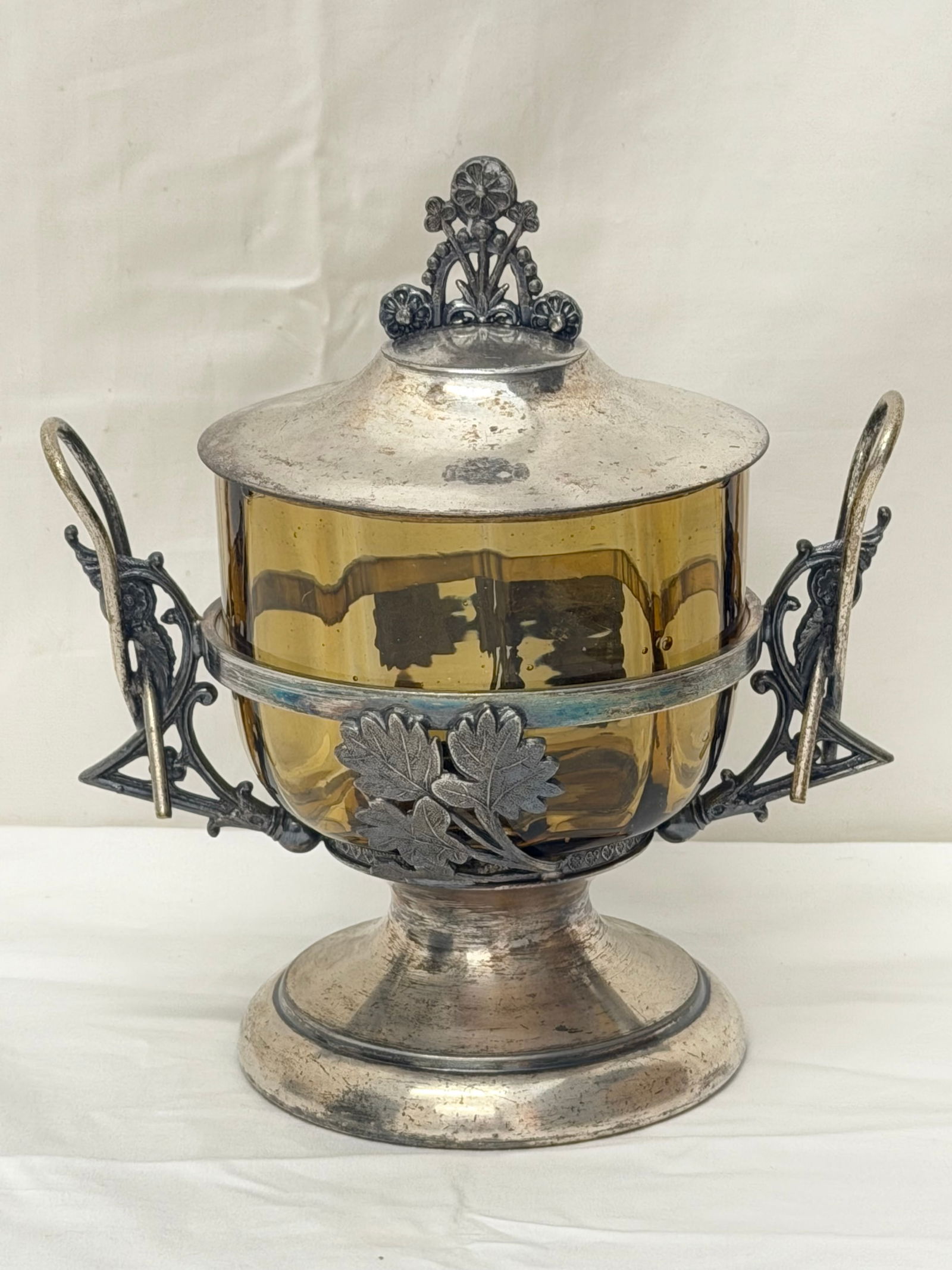 Vintage Silverplated Jam/ Sugar Bowl with Amber Glass Insert 7" x 8" (1 of 6)