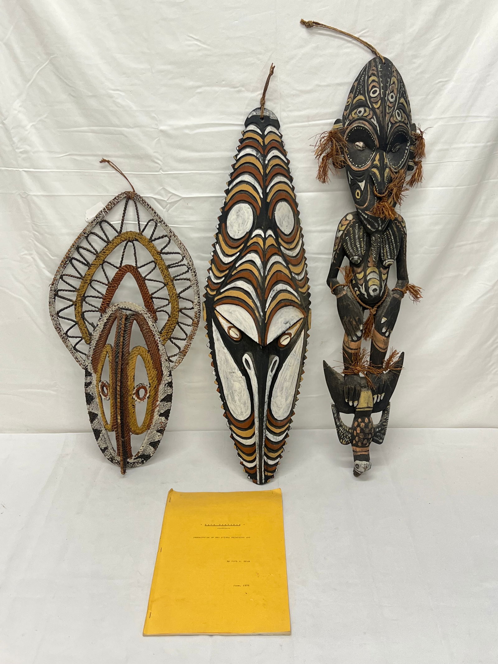 (3)Papua New Guinea Art Pieces - Handcarved Hand Painted Figure with Bird 32''L, Abelam Yam Mask 11. (1 of 6)