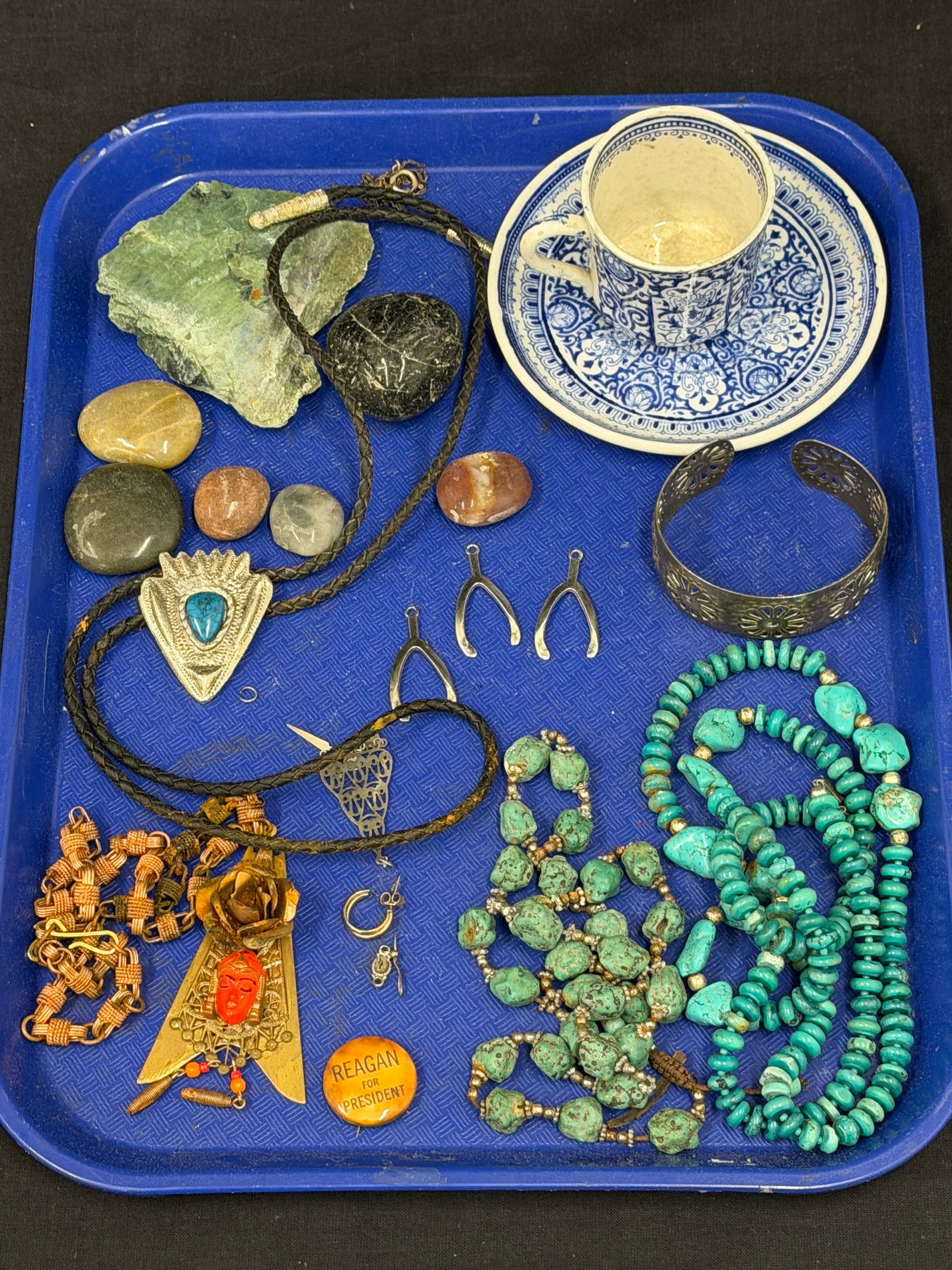 Asst Tray- Vintage Turquoise Necklaces, Stones, Cup & Saucer + More: Asst Tray- Vintage Turquoise Necklaces, Stones, Cup & Saucer + More