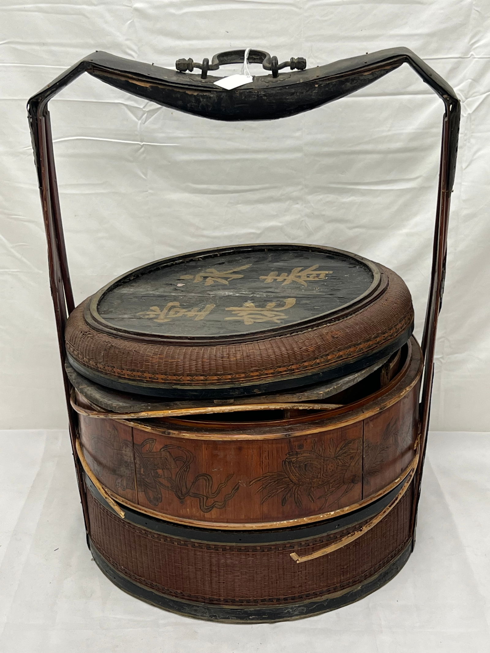 Antique Chinese Wedding Bethrothal Basket - Basket with Pierced Etched Metal, 24.5''T (1 of 7)