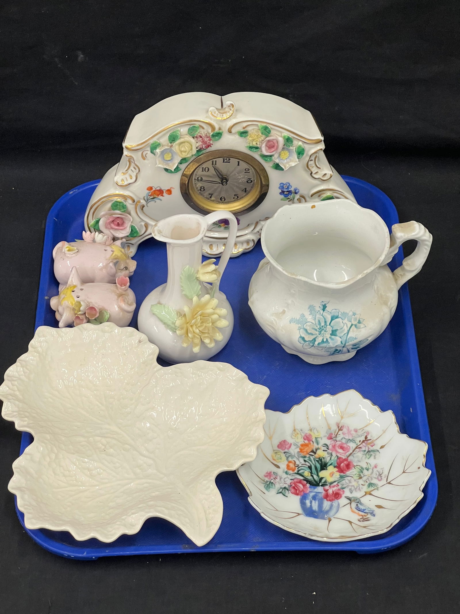 Asst Vintage Porcelain- Pigs, Leaf Bowl, Clock,More - Pig Salt & Pepper, Ironstone Leaf Dish, Yale P: Asst Vintage Porcelain- Pigs, Leaf Bowl, Clock,More - Pig Salt & Pepper, Ironstone Leaf Dish, Yale Pitcher, German Clock, More