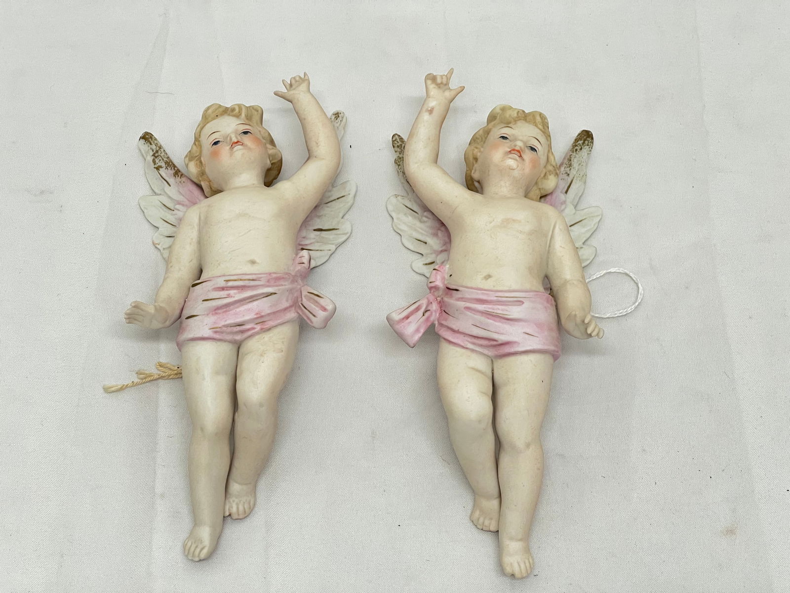 (2)Antique Kalk Bisque Cherub Angels , 1904 Era - 8''L Hanging Porcelain Angels: (2)Antique Kalk Bisque Cherub Angels , 1904 Era - 8''L Hanging Porcelain Angels