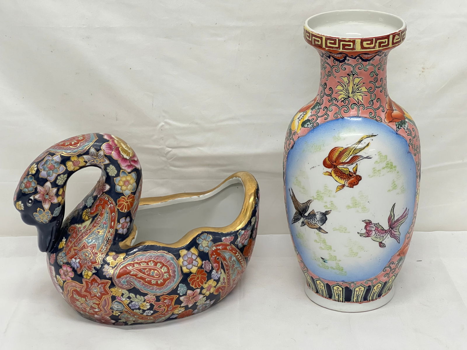 Chinese Famille Rose Koi Vase + Swan Planter - Vase 4'' x 12.25'' , Swan 10'' x 6'' x 9'' (1 of 8)