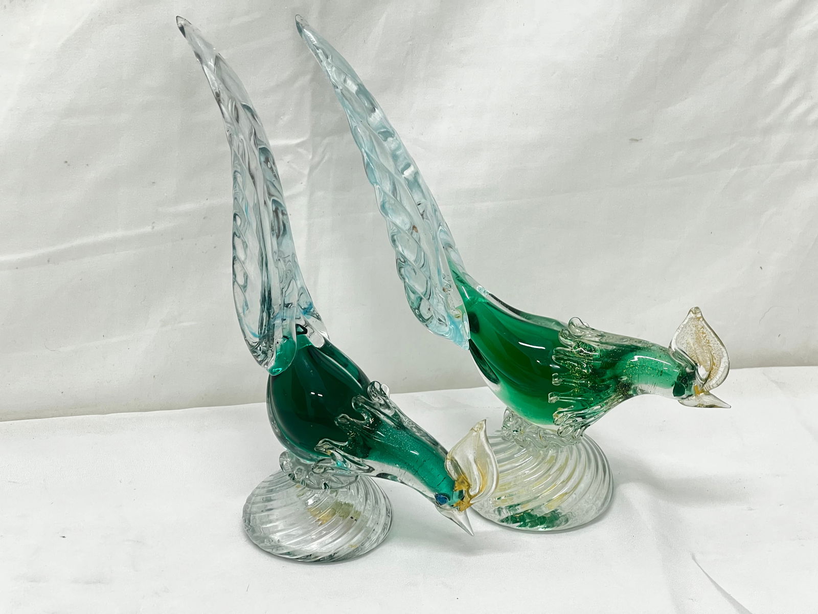 Pr Venitian Murano Art Glass Pheasants 8'' x 10 - Emerald Green Color with Gold Fleck (1 of 6)