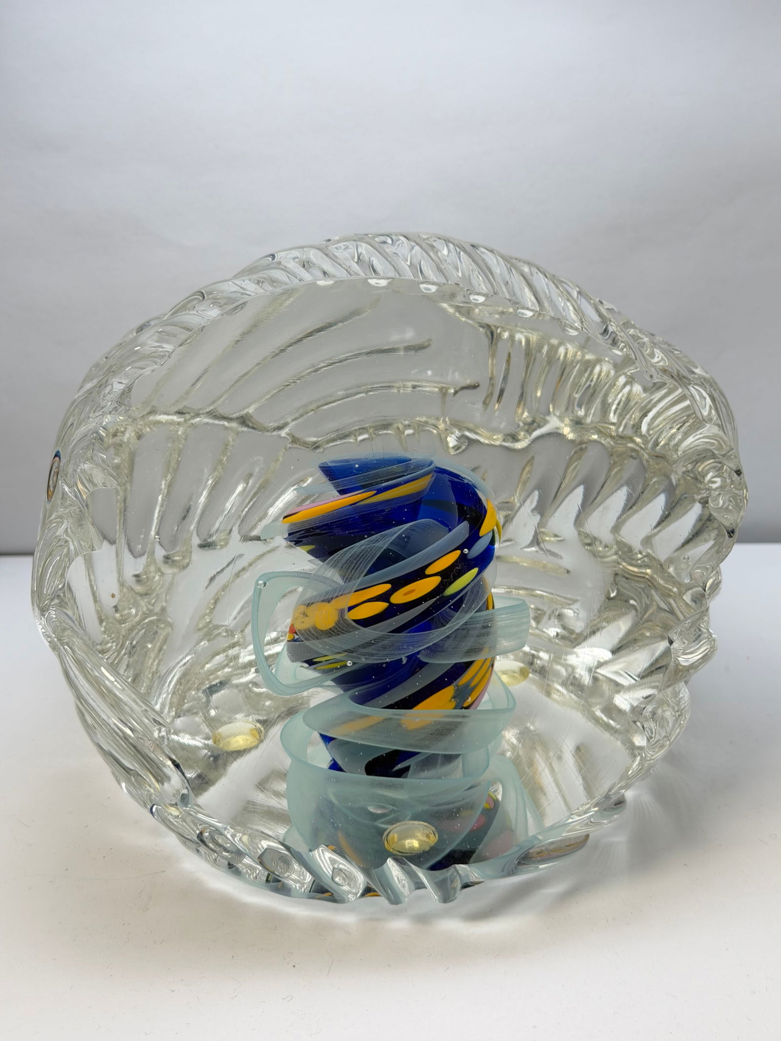 Signed 'Karg' Art Glass Paperweight 6.5" x 4" x 6": Blue Yellow Spiral Design in Ribbed Casing , Etched on Bottom "1995 Karg"