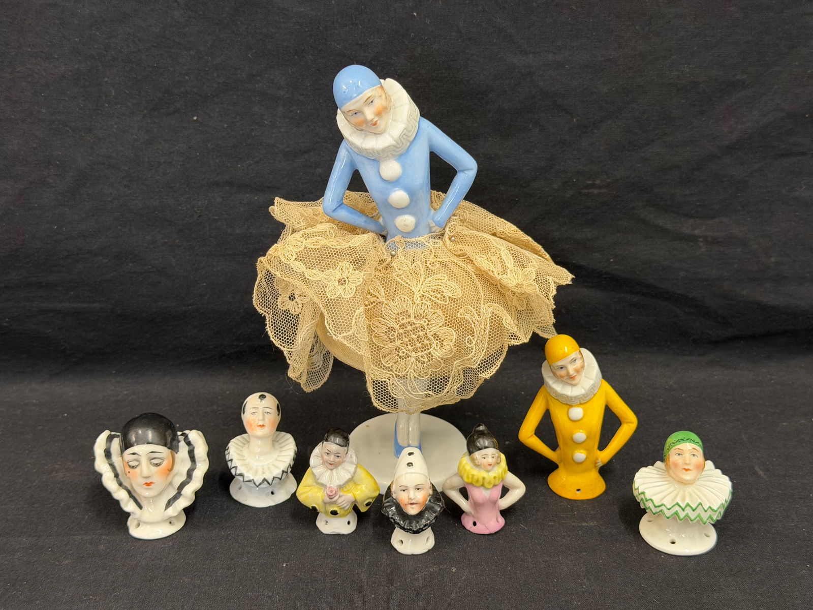 (8)Antique & Vintage Pierrette Harlequin Clown Half Dolls: Asst Sizes - (1)with Lace Dress & Legs, Yellow Lady - 1.5"T to 2.75"T