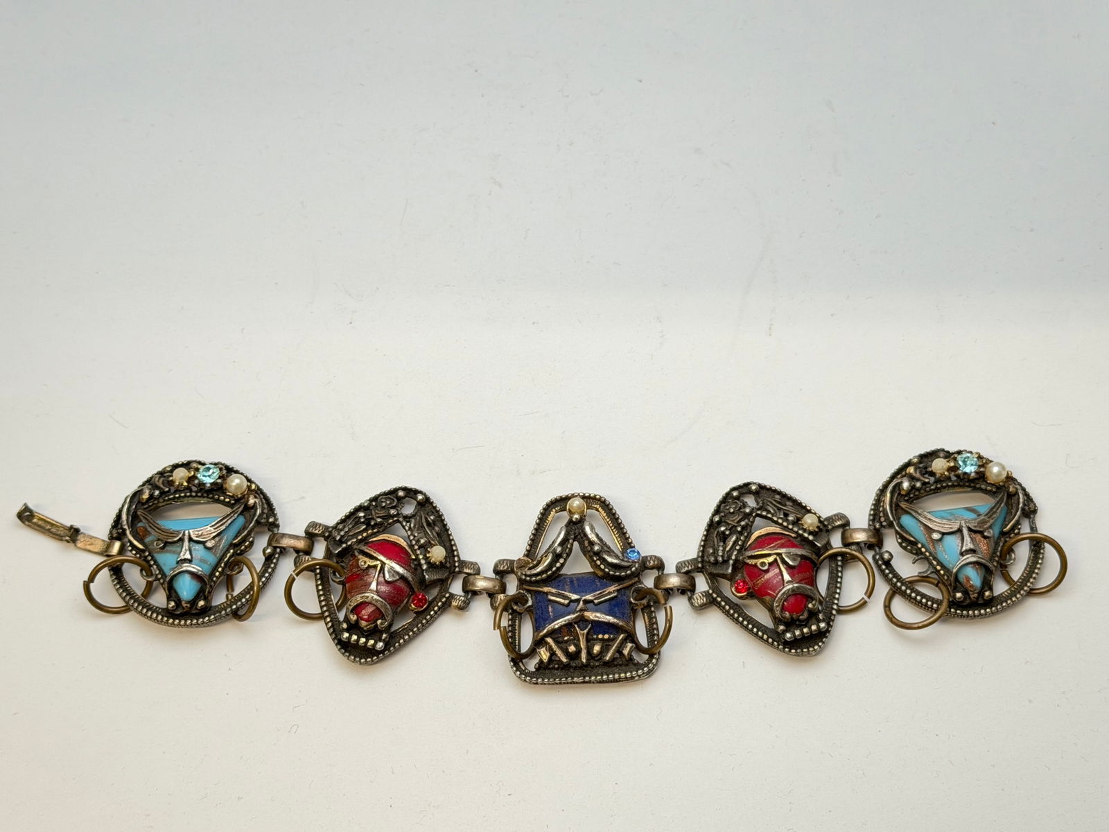 Vintage Selro Selini Pirate Bracelet 7.5"L: Hinged Bracelet with Rhinestones, Pearls, Colored Stones