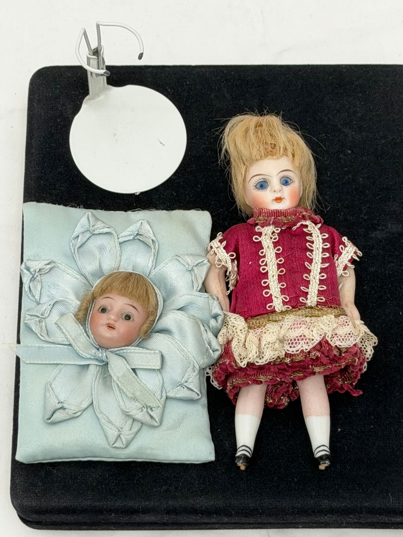 Antique Miniature Mignonette Doll & Pin, Pin Cushion: Bisque Miniature Doll with Glass Eyes 5"T, Glass Eye Bisque Cushion