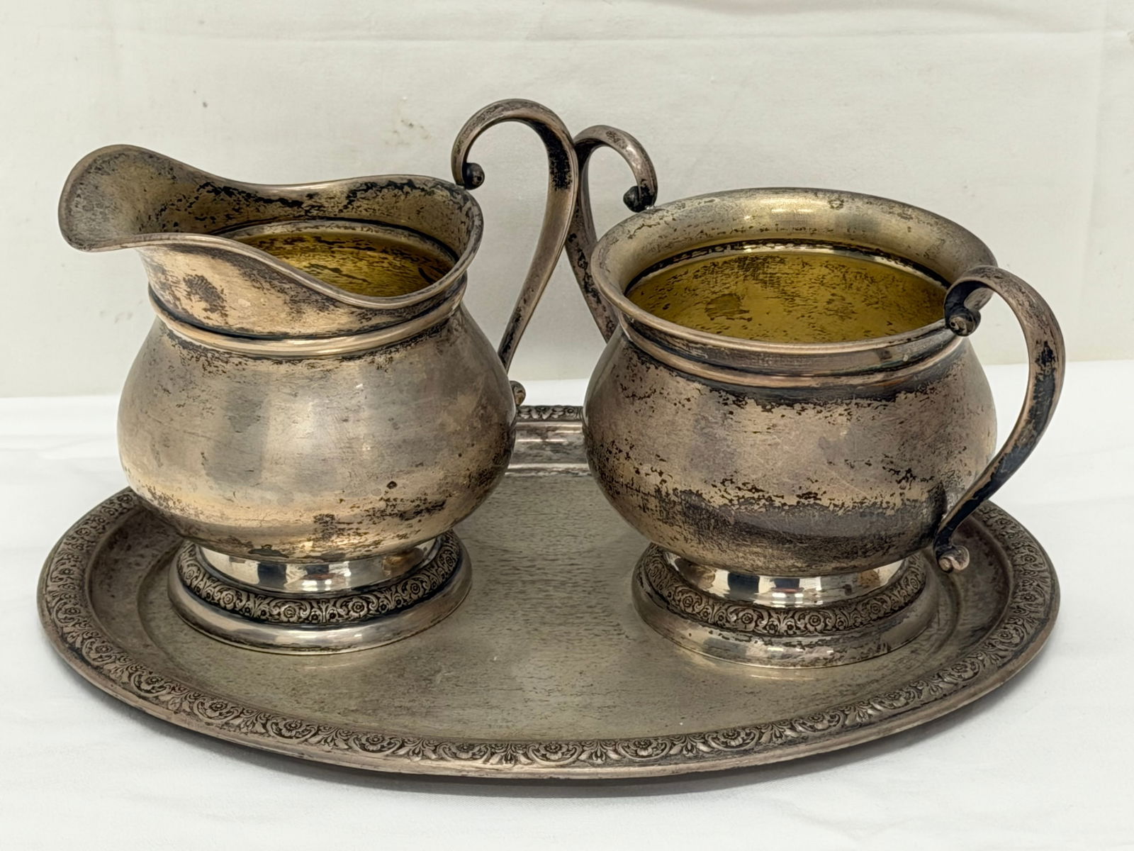 1939 Era 'Prelude' International Sterling Creamer, Sugar, Plate , TW 338g (1 of 4)