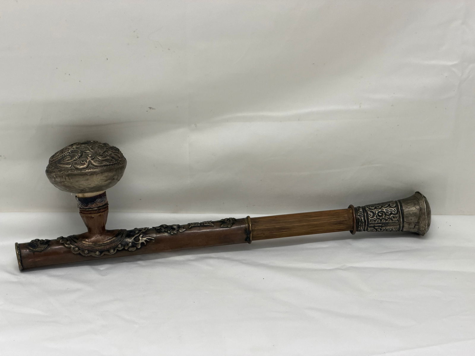 Antique Asian Pipe 12.75"L: Chased Silver Mounts Decorated with Dragon & Phoenix Design