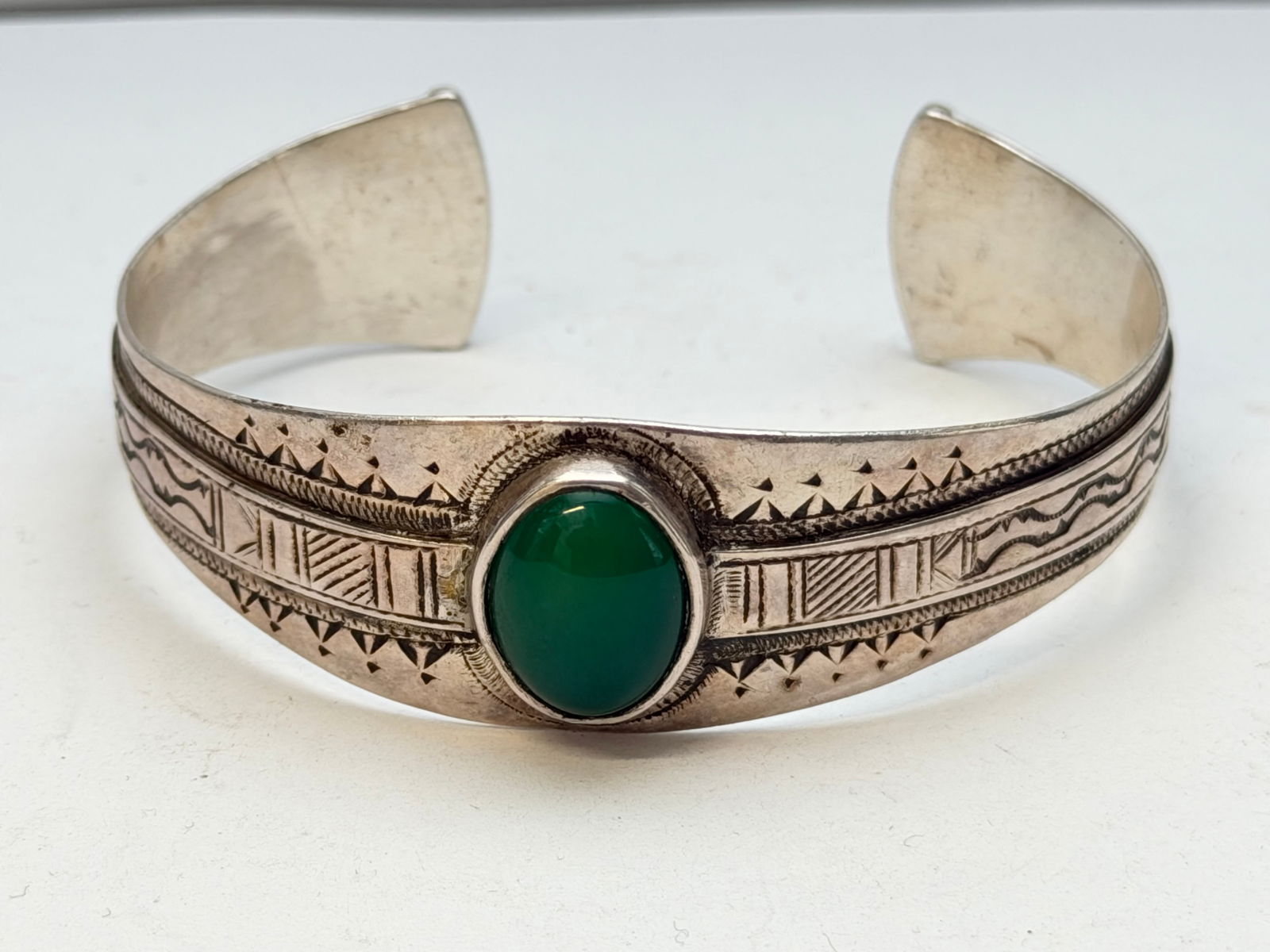 Sterling Navajo Bracelet with Jade & Etched Design, TW 29.88g, 2.75"W x 1.25" Opening (1 of 4)