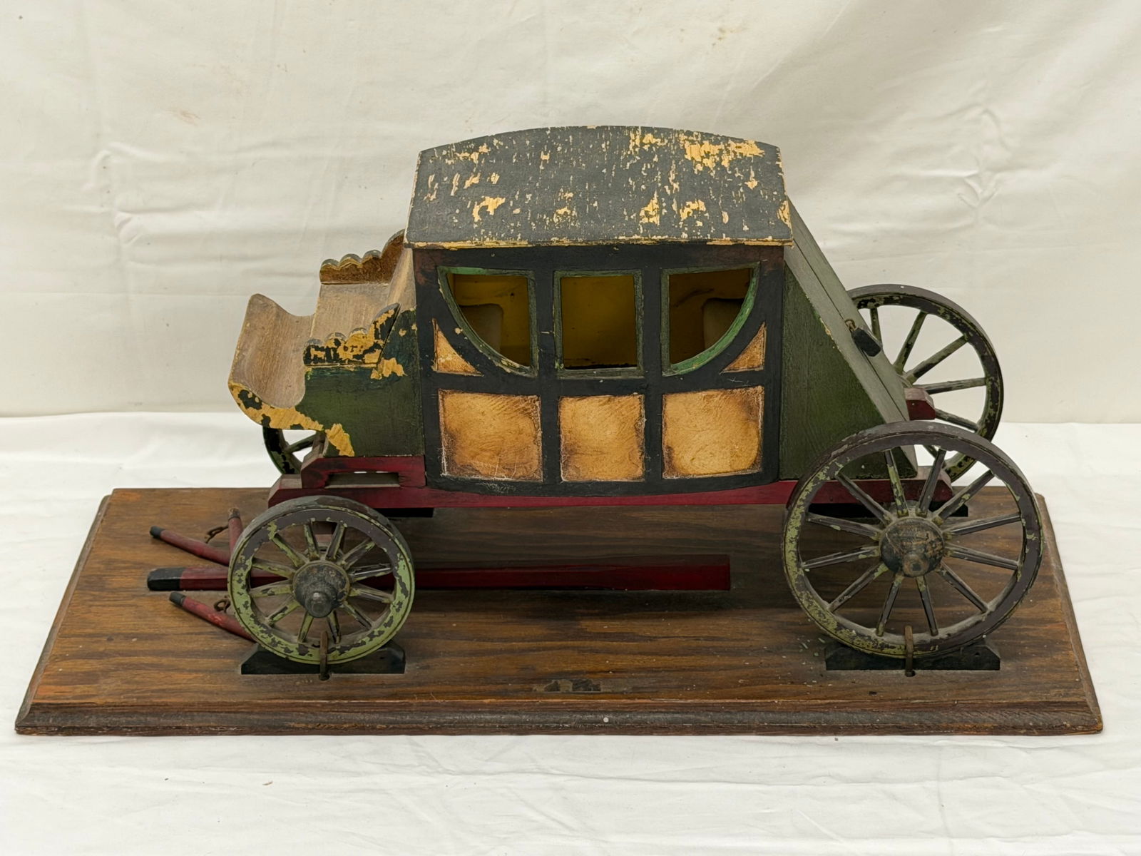 Vintage Western Wooden Metal Stagecoach on Wood Base 1930s Era: Base 8" x 16", Stagecoach 13.5" x 6.5" x 8"
