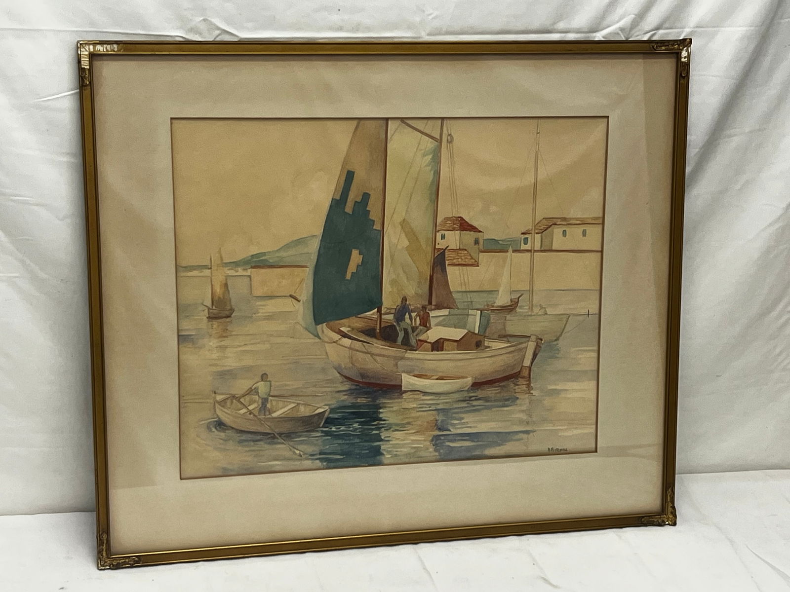 A.Mitchell Signed Watercolor of Boats on Water - Framed 21'' x 24.75'' , Sight 14.25'' x 18'': A.Mitchell Signed Watercolor of Boats on Water - Framed 21'' x 24.75'' , Sight 14.25'' x 18''