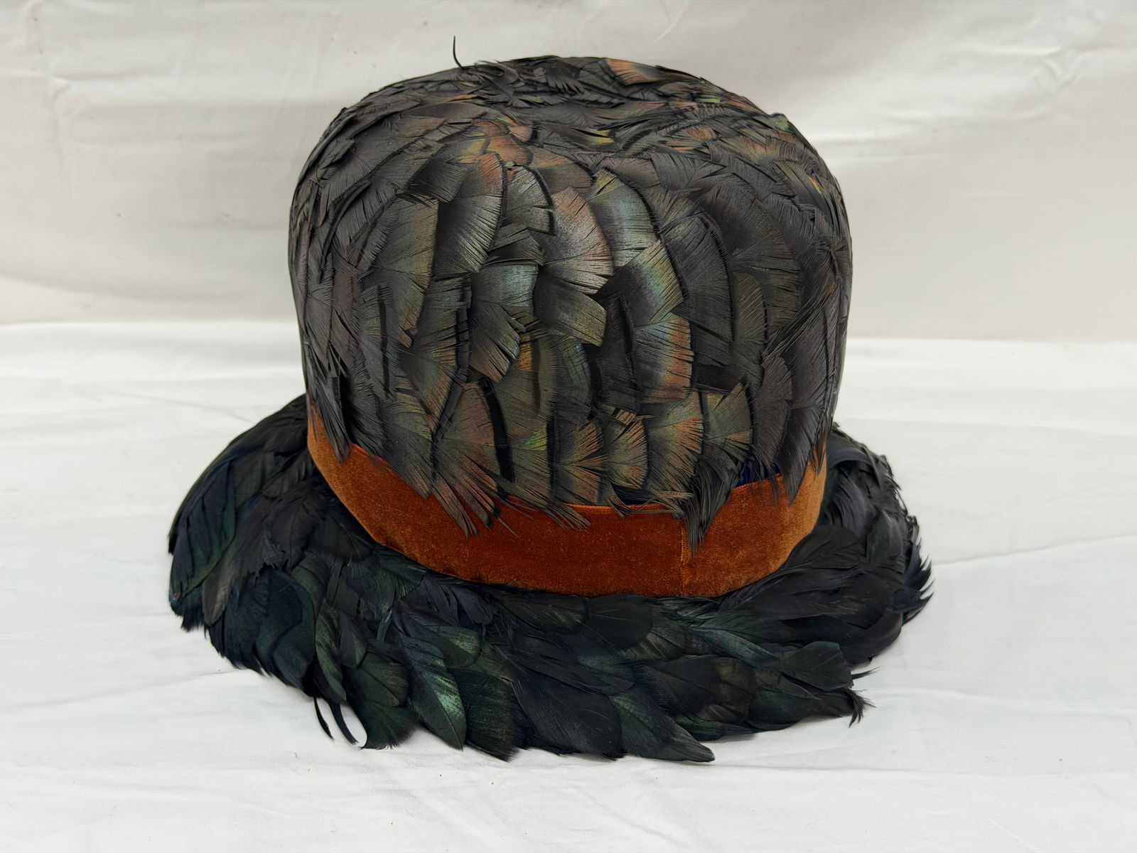 Vintage Joseph Magnin Feather Hat 9.5"W x 7"T: Velvet Band and J.Magnin Labels USA