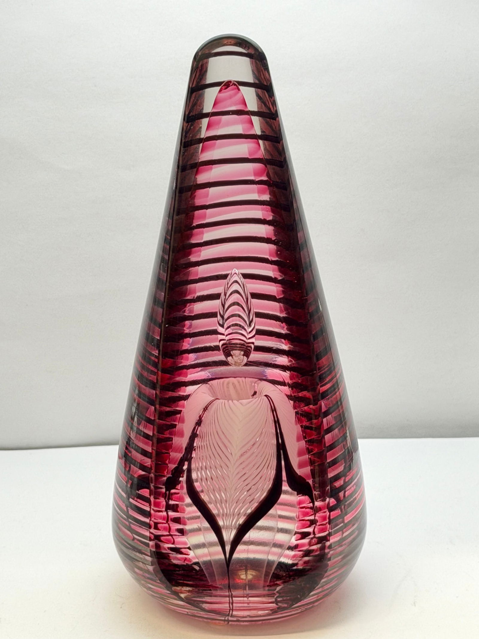 Stuart Abelman Signed #'d Art Glass Flower with Raindrop 7"T: Signed #d 1990 Art Glass - Pulled Feather Flower Petal Design with Falling Raindrop