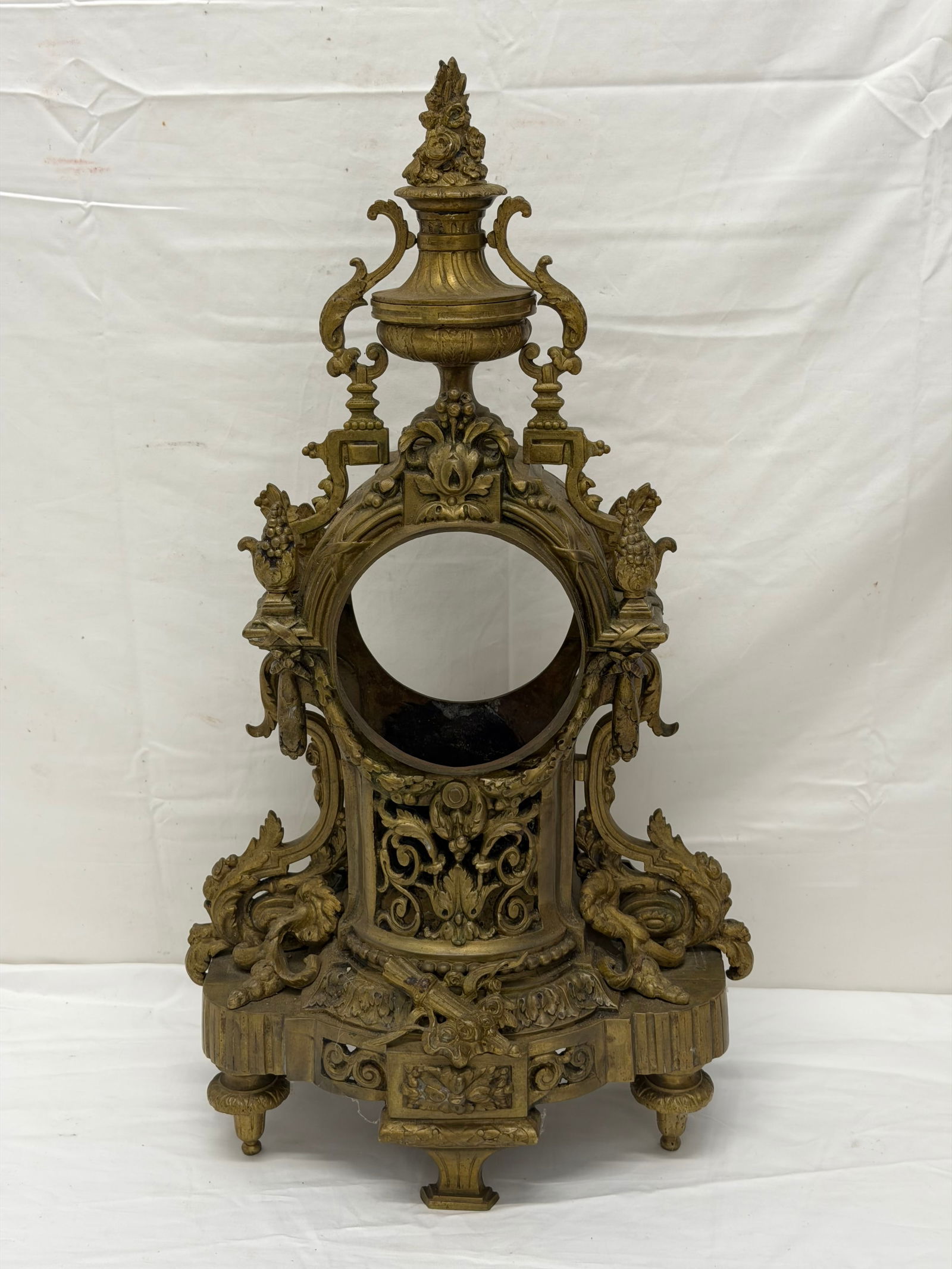 19thC Antique French Rococo Brass Clock Case 12" x 7.5" x 21.5": Heavy Brass Case with Ornate Details