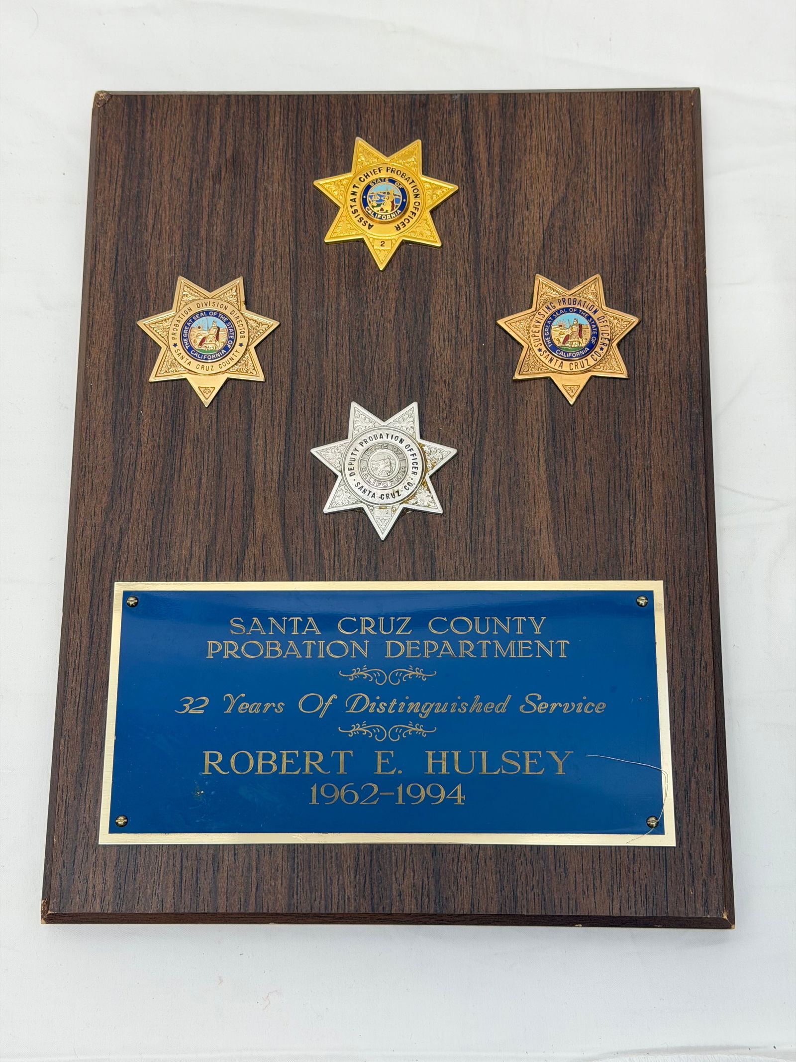 Santa Cruz CA Probation Dept. Plaque with Badges - Plaque 9" x 12": Santa Cruz CA Probation Dept. Plaque with Badges - Plaque 9" x 12"