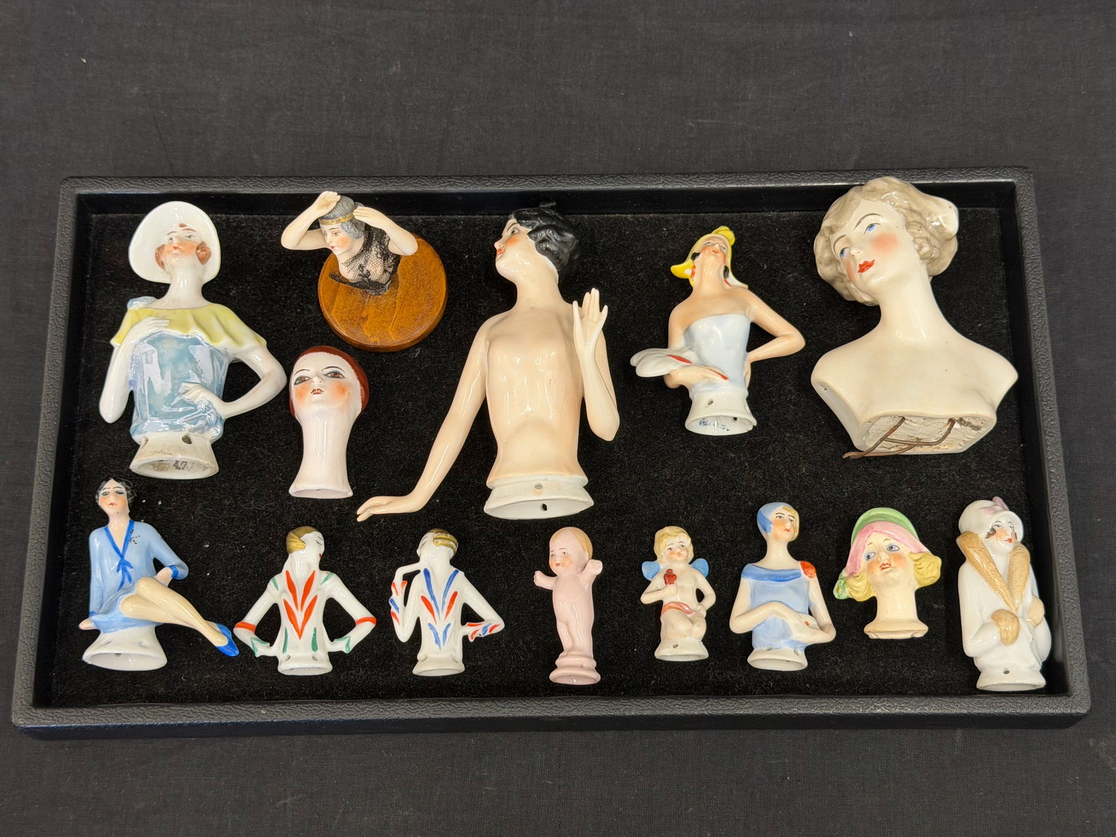 (14)Antique & Vintage Porcelain Half Dolls: 4.5"T Germany Deco Flapper Lady, Art Deco Lady Blue Dress, Baby 2.25" & More - Various Styles / Sizes
