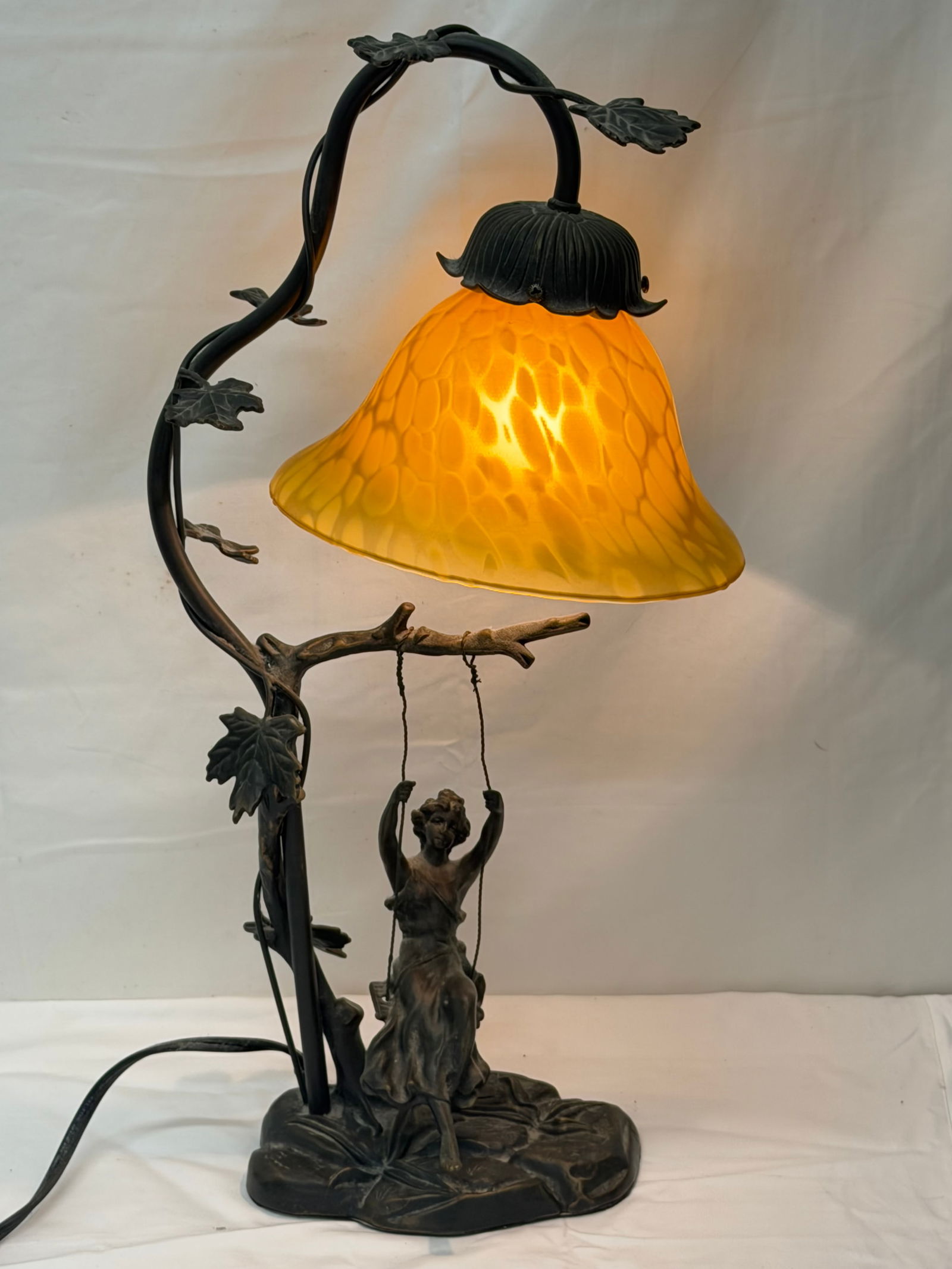 M.Moreau Art Nouveau Lady on Swing Lamp Amber Shade: M.Moreau Etched on Base with Glass Amber Shade 7" Wide , Table Lamp 19"T
