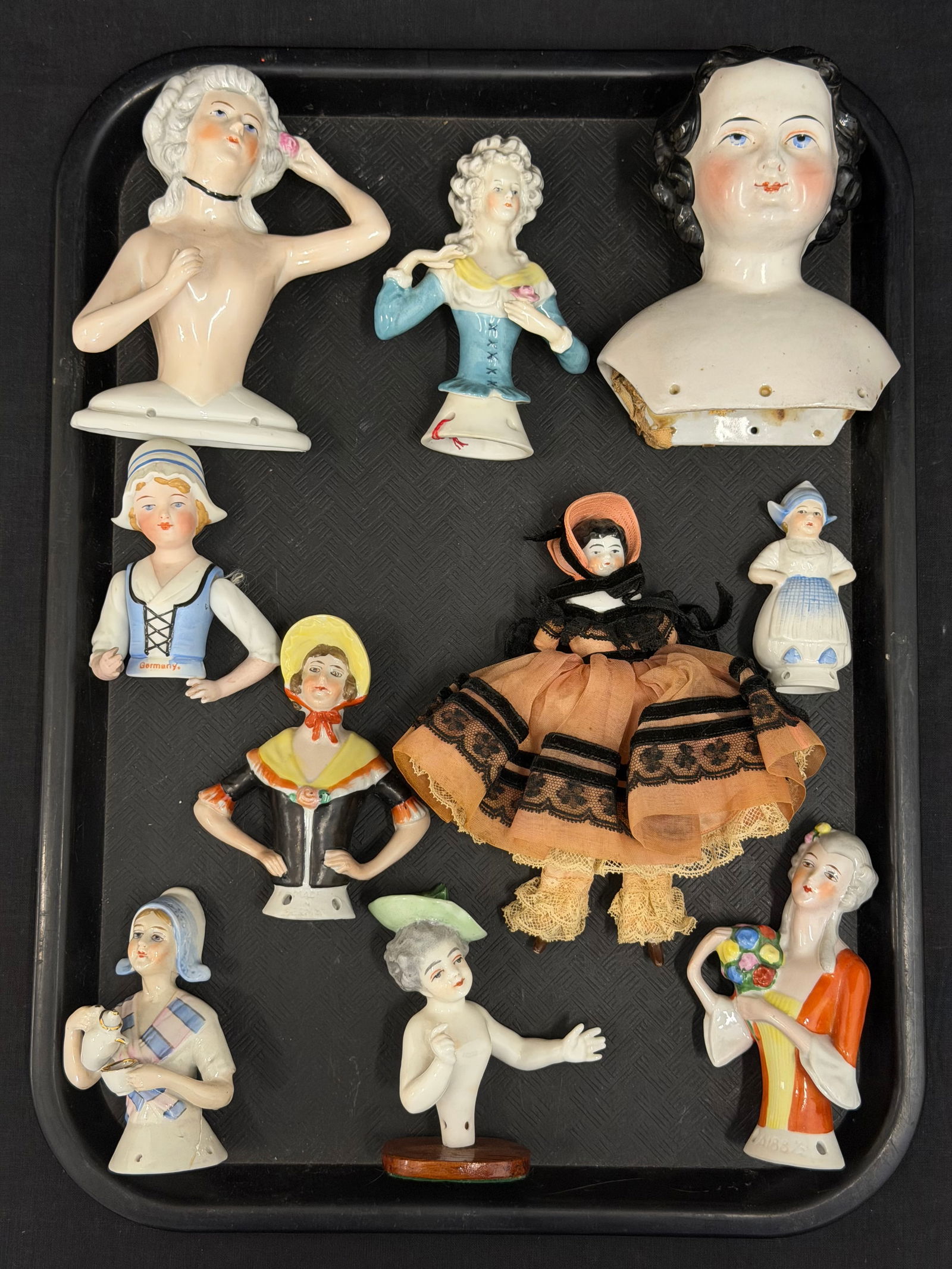 (10)Antique / Vintage Half Dolls + Doll: Germany, Dutch Girl with Moveable Arms, Large China Antique Head, China Doll & More - Size 2.75"T to 5"T