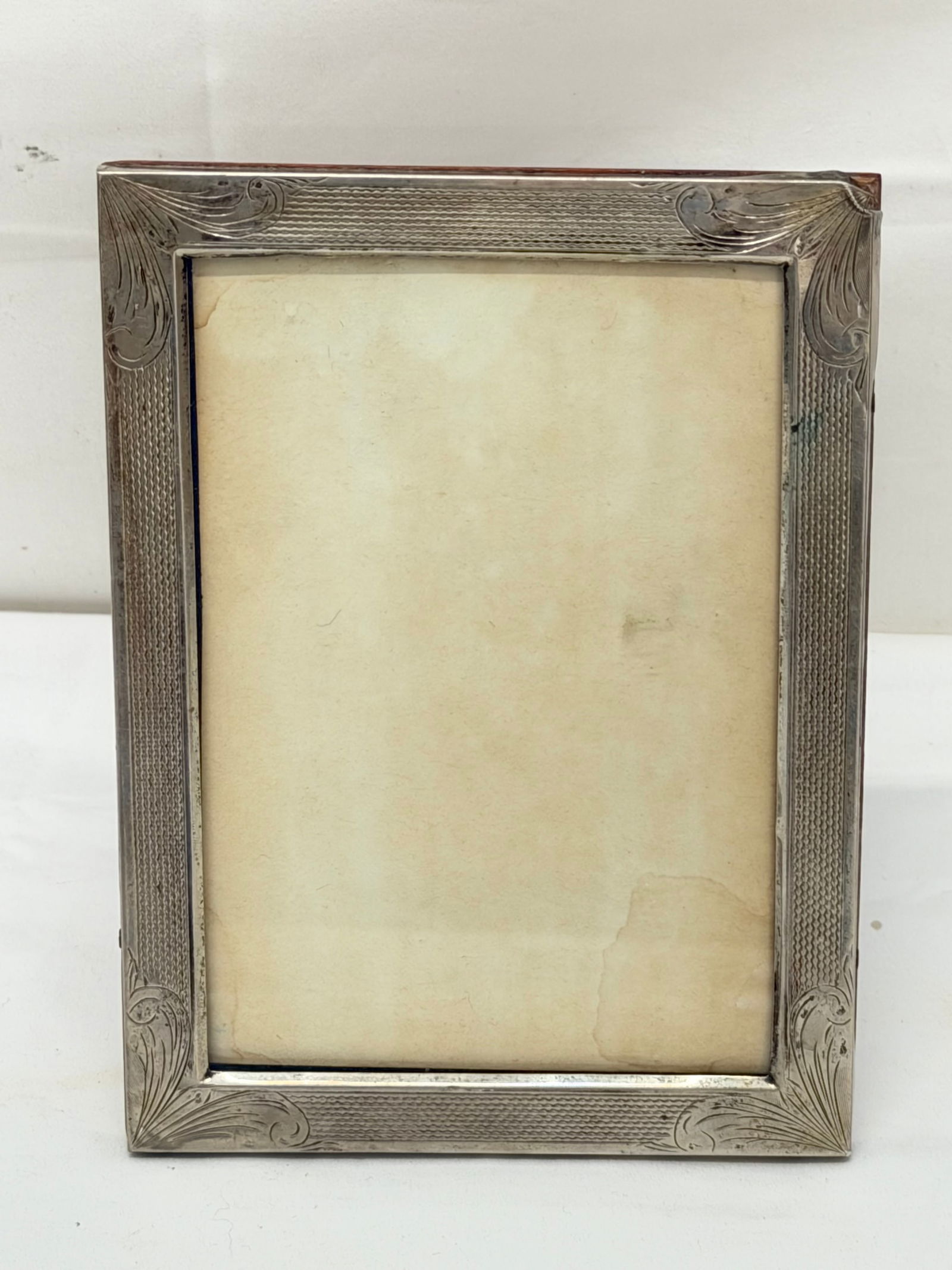 Antique Deco European Silver Picture Frame with Wooden Back 4.5" x 6": Hallmarked (Dent in Corner, See Photos)