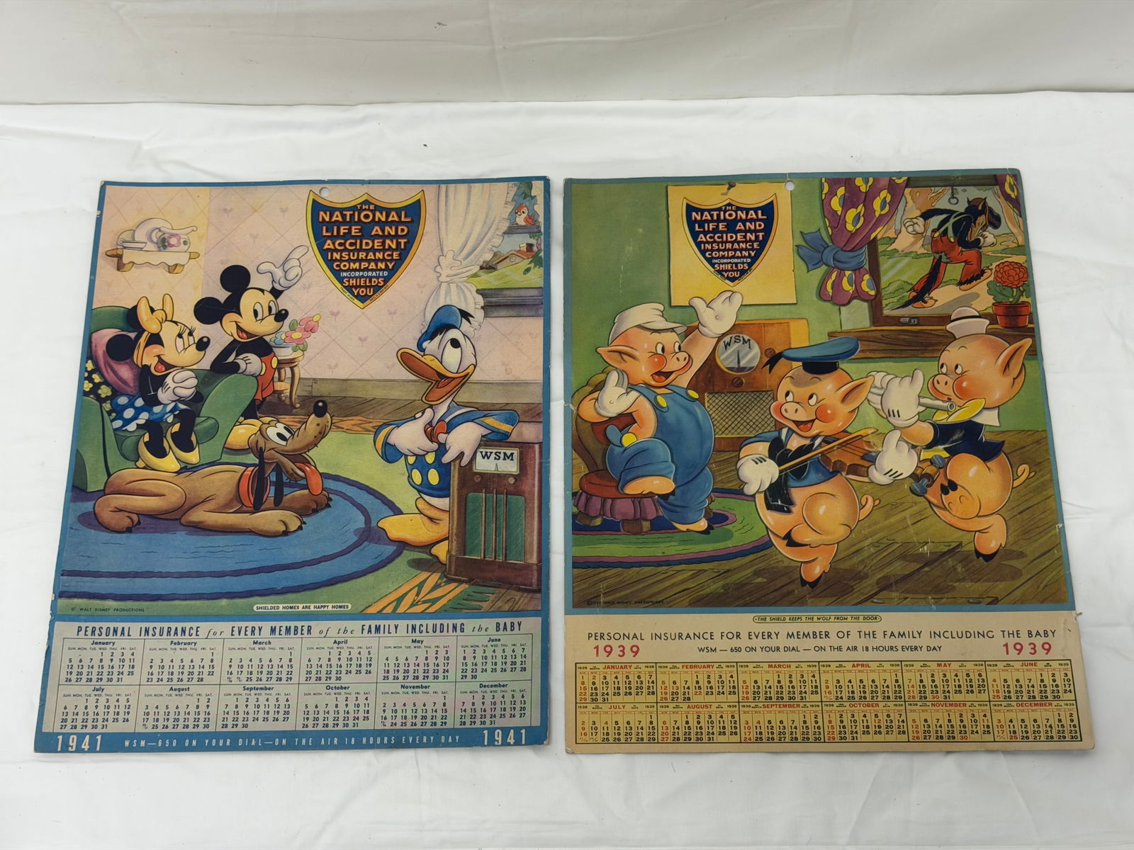 (2)1939-1941 Walt Disney Advertising Calendars: The National Life and Accident Insurance Co. 1939 3 Little Pigs & Wolf, 1941 Mickey Mouse ,PLuto, Donald Duck on Cardstock 11" x 14"